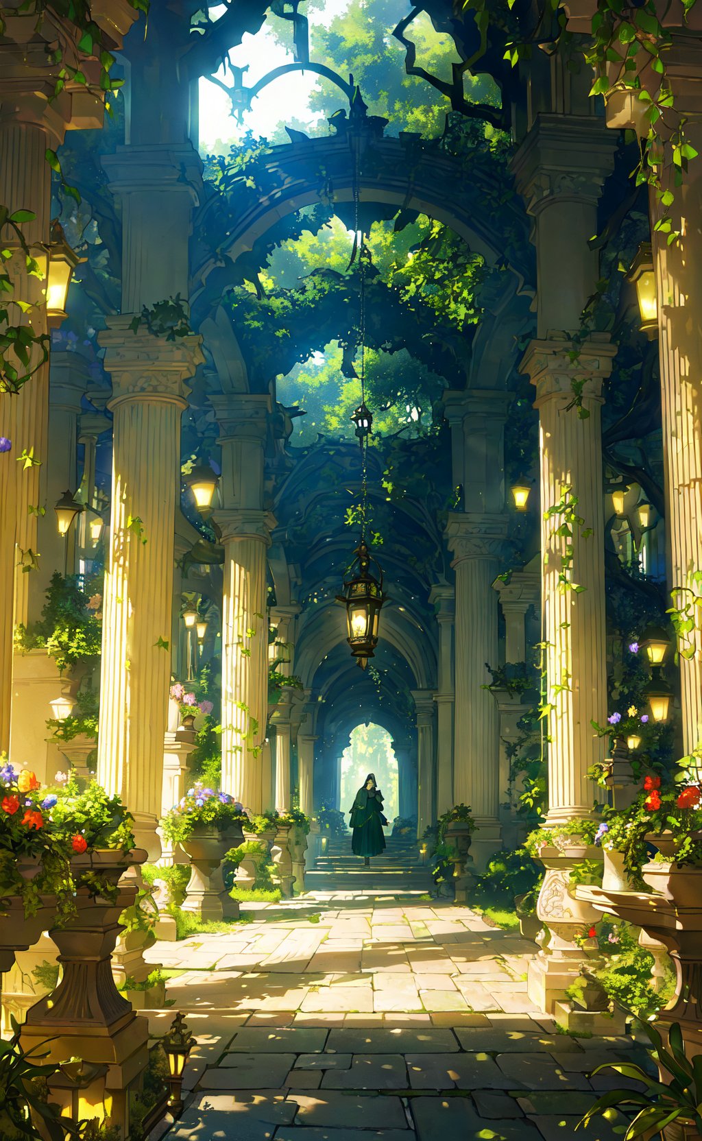 (masterpiece, best quality, highly detailed, intricate), a walkway in a garden with lots of green plants and trees on either side of it and a lantern hanging from the ceiling, Florence Engelbach, tone mapping, a flemish Baroque, german romanticism, cinematic composition, beautiful lighting