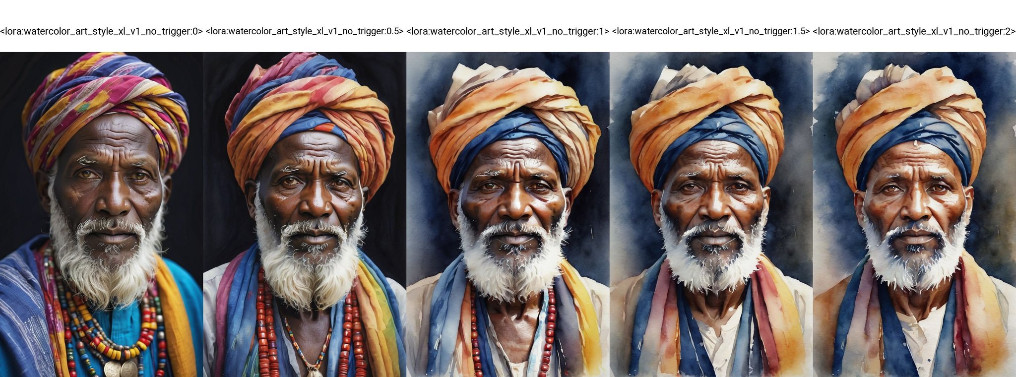 (best quality, 4K, 8K, high-resolution, masterpiece), ultra-detailed, realistic, photorealistic, close-up portrait of an elderly man, dark skin, white beard, colorful headscarf, vibrant colors, traditional attire, beaded necklaces, deep wrinkles, intense gaze, cultural attire, wisdom, rich textures, detailed facial features, high detail, high resolution, black background, ethnic jewelry, traditional clothing, expressive eyes.<lora:watercolor_art_style_xl_v1_no_trigger:0>