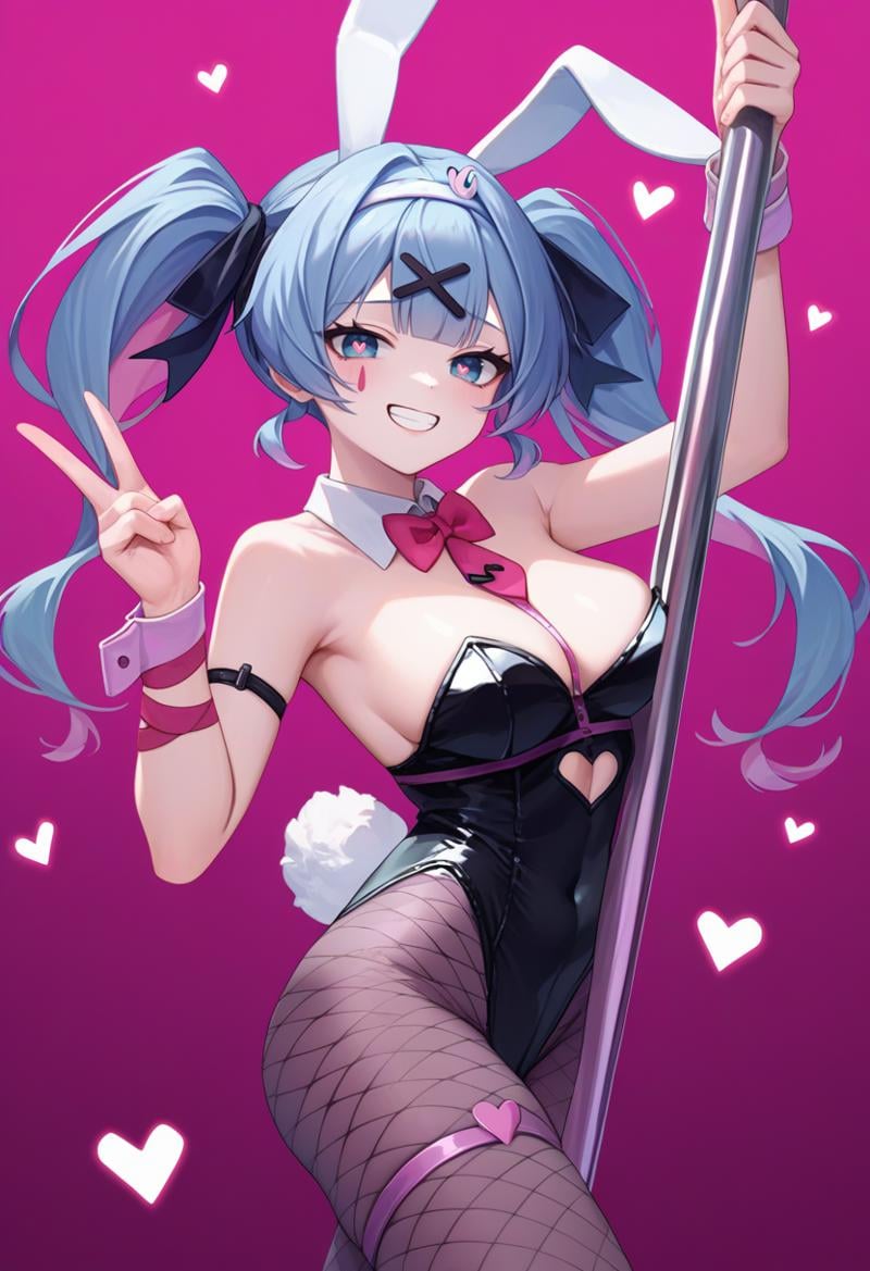 score_9, score_8_up, score_7_up, source_anime, stripper pole, solo, 1girl, rabbitholemiku, facial mark, grin, looking at viewer, v, holding, twintails, x hair ornament, hair ribbon, heart-shaped pupils, playboy bunny, black leotard, strapless leotard, clothing cutout, detached collar, pink bowtie, wrist cuffs, black pantyhose, fishnet pantyhose, thigh strap, rabbit tail, cleavage <lora:vocaloid_rabbitholemiku_ponyXL:1>