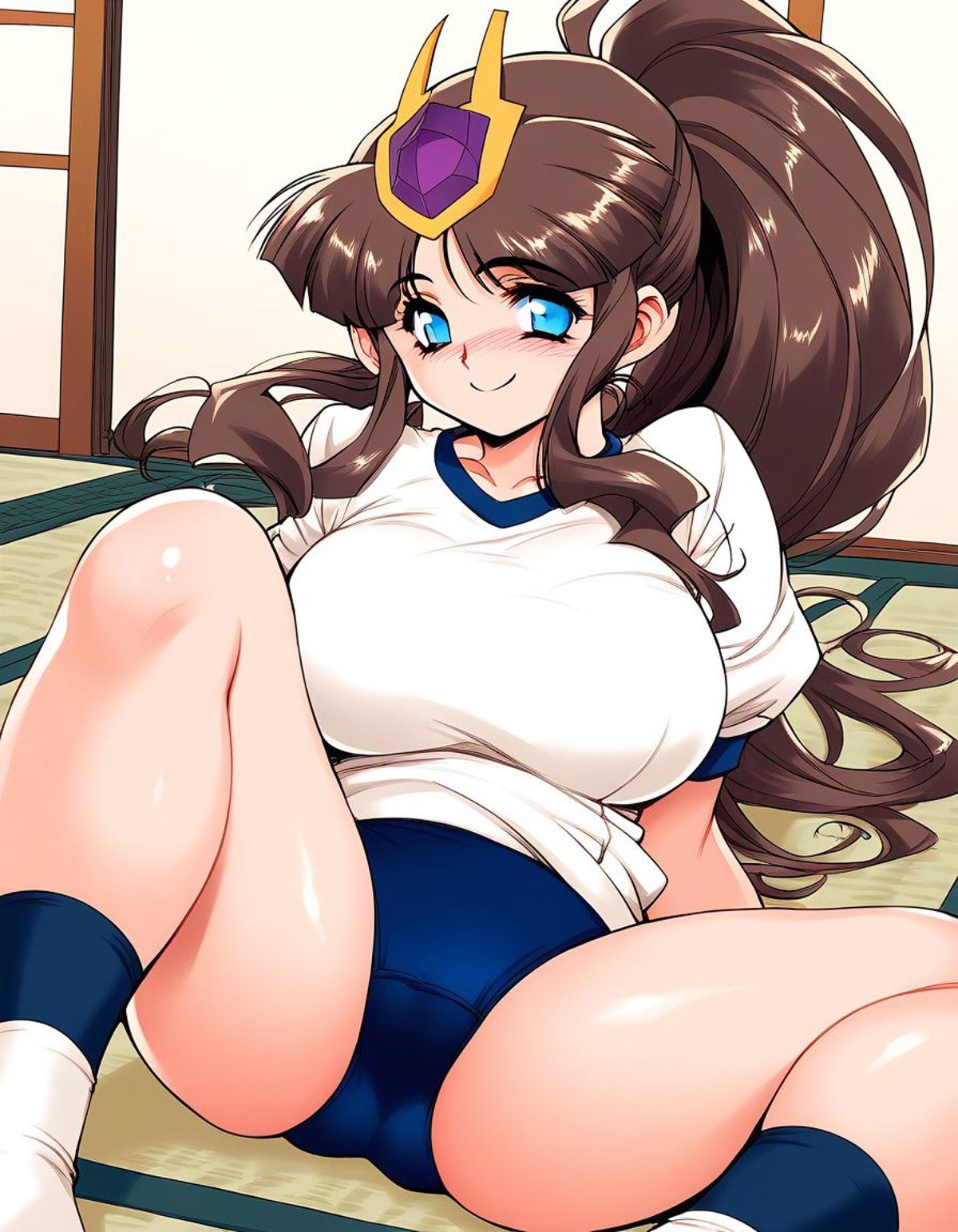 score_9, score_8_up, score_7_up, source_anime, rating_explicit, BREAK  <lora:Raika_XL:1>Raika, long hair, blue eyes, brown hair, ponytail, large breasts, hat, smile, blush,gym uniform,white shirt, dark blue buruma,Japan room, tatami, 