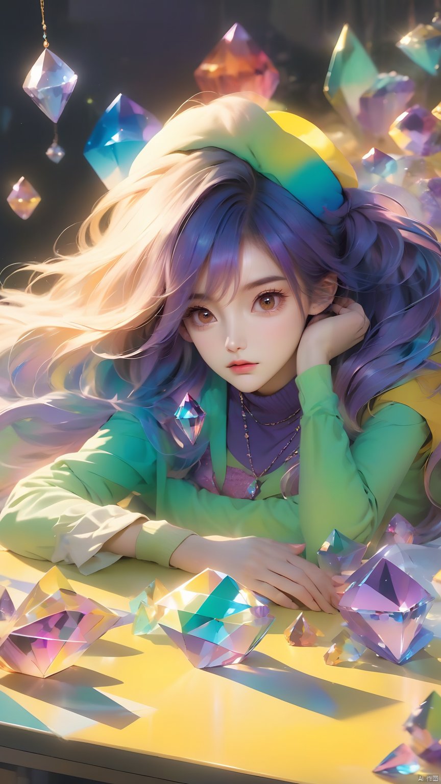 (masterpiece, best quali),1girl,brown eyes,classroom,crossed arms,desk,hat,indoors,Lying on the yellow desk,long hair,long sleeves,looking at viewe,sleeves past wrists,solo,sweater,Yellow vest,Crystal Girl, Colorful crystal decoration,Crystal necklace,Crystal on the body,Floating Colorful Crystal,Purple gradient hair,1girl, hand<lora:EMS-300702-EMS:0.600000>, <lora:EMS-302898-EMS:0.600000>, <lora:EMS-303786-EMS:0.600000>