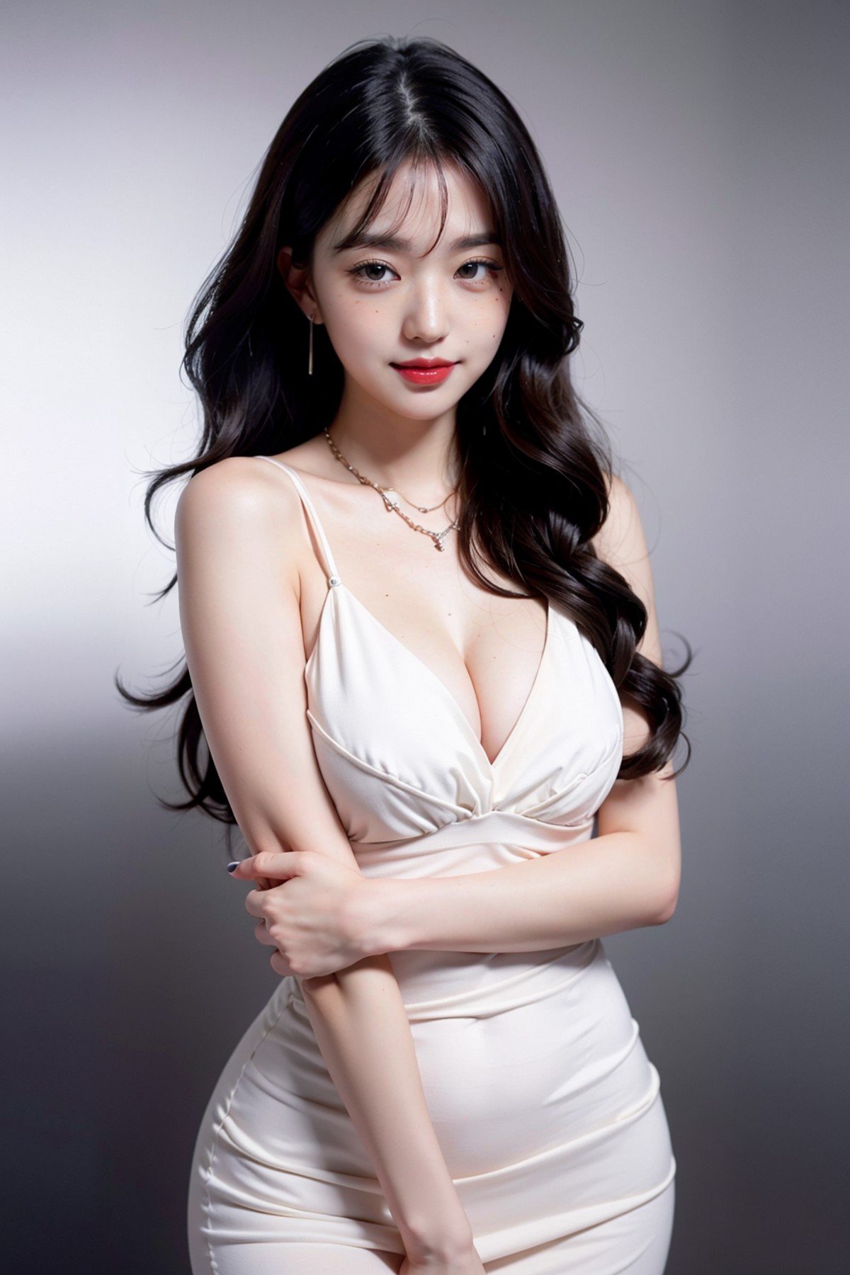 (1girl, solo, masterpiece, 8k, HDR,),beautiful young woman,(pale white skin:1.2),freckles,blushing,(black long hair:1.2),black eyes,red lipstick,dark eyeliner,black necklace,large ring shaped black earing,smug smile,looking at viewer,small breasts,tight waist,slim feminine body,big hips,round ass,cute,eyelashes,character concept art of a beautiful woman leaning over,black body-hugging dress,cleavage,extremely sexy,looking at the viewer,simple background,black background,<lora:wonyoung-v2-01:0.7>,wonyoung,