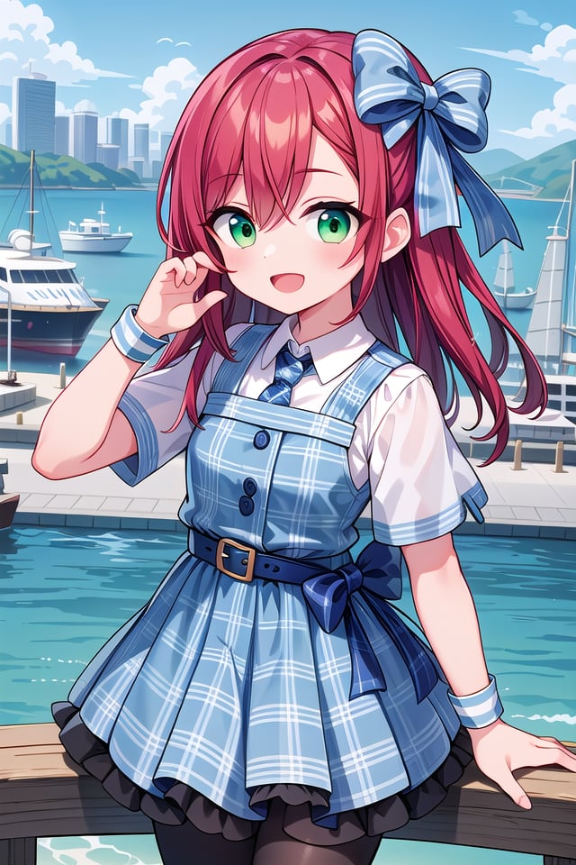 insanely detailed, absurdres, ultra-highres, ultra-detailed, best quality,1girl, solo, nice hands, perfect handsBREAK(nsfw:-1.5),(Enchant:1.4), (blue theme:1.5), ((blue plaid pattern, tone on tone):1.4), (idol uniform:1.2), (fusion of sleeveless (blue plaid pattern) vest and blue sundress:1.4), (blue tie:1.4), ((blue plaid pattern) multi-layered skirt with ruffles:1.3), ((blue:1.3) platform HIGH boots:1.1), (blue plaid pattern ribbon on head:1.3)BREAK(short sleeve white collared-shirt dress layering:1.2), (black pantyhose:1.2), (belt:1.3), (wristband:1.3), (naked skin:-1), (black vest:-1), (white vest:-1), (black skirt:-1), (white skirt:-1), (cleavage:-1.5)BREAKhappy smile, laugh, open mouth,from above,cute pose, cowboy shot, looking at viewerBREAKslender, kawaii, perfect symmetrical face, ultra cute girl, ultra cute face, ultra detailed eyes, ultra detailed hair, ultra cute, ultra beautifulBREAK(bay, sea, harbor, bay side:1.4), (cityscape in tokyo:1.3), buildings, day, blue sky, panorama view, outdoor, (indoors:-1.3), (day:1.3), (evening:-1.5), (night:-1.5), depth of field, ultra detailed background, (very wide, panorama view, sense of depth, magnificent view:1.3)BREAKmedium large breastsBREAK(red hair, green eyes:1.2), messy hair, hair between eyes