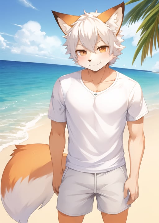 adult solo,kemono fox, short white hair, shorts, shirt, smirk,beach clothes, extreme detail, masterpiece, hi res, high detail, detailed eyes, detailed hands, full body picture, beach background