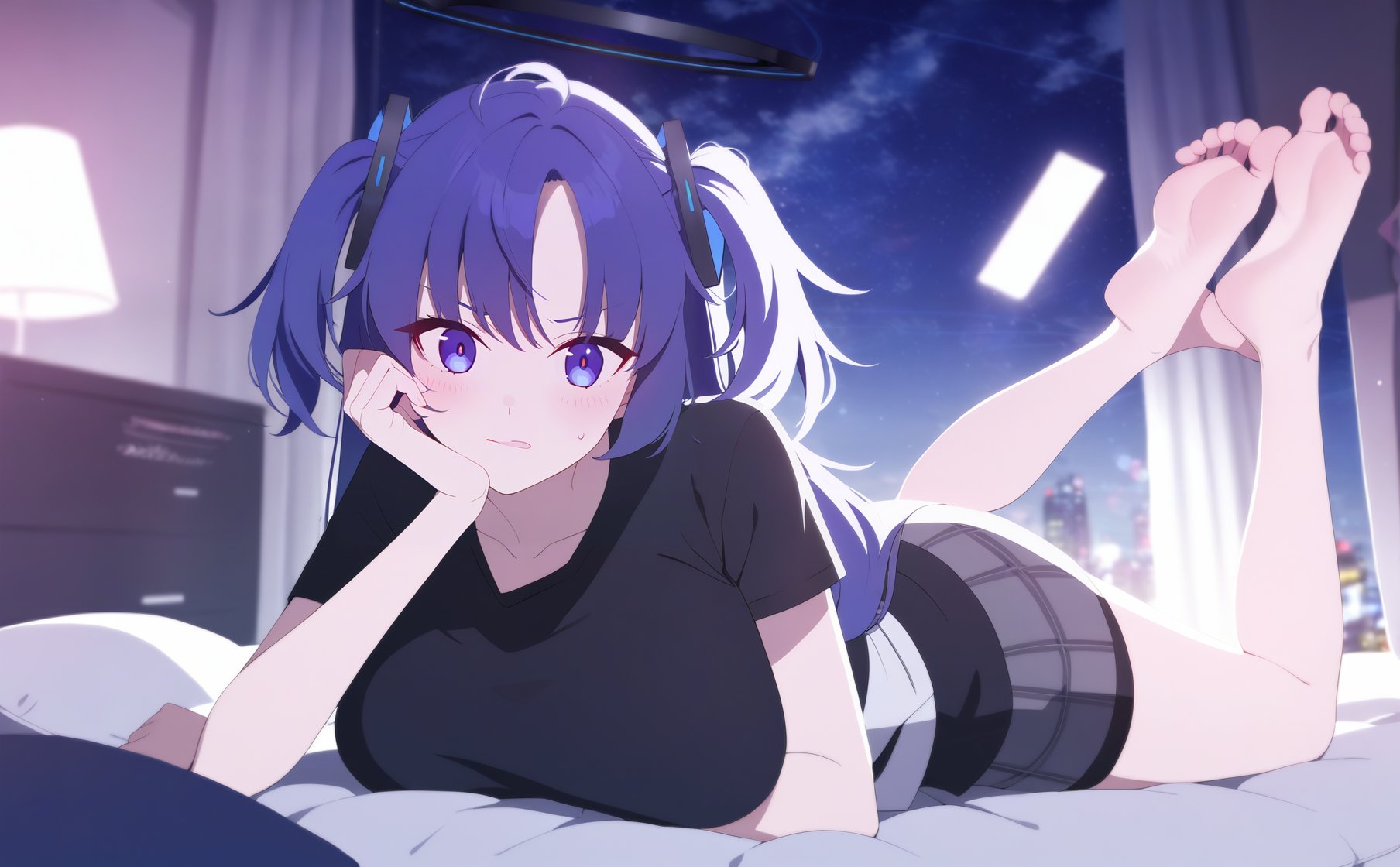 1girl, yuuka \(blue archive\),   arm rest, bed sheet, black shirt, blush, collarbone, crossed arms, cushion, feet up, grey skirt, halo, indoors, long hair, looking at viewer, night sky, on stomach, pencil skirt, plaid skirt, purple eyes, purple hair, red pupils, sky, soles, solo, the pose, two side up, very long hair, breasts, shirt, bed, toes, short sleeves, legs, feet, barefoot, arm support, lying, arm under breasts, plaid, full body, night, skirt, masterpiece, absurdres, sensitive