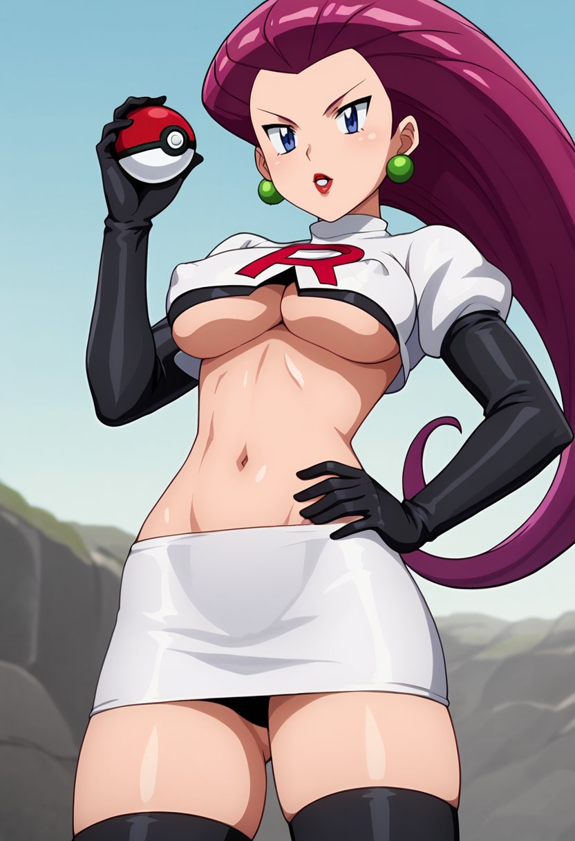 score_9, score_8_up, score_7_up,source_anime,anime coloring,perfect anatomy,cinematic_shadow,anime screencap,<lora:animestyle:1>finetuneanimeBREAK <lora:jessie:1>jessie, hair slicked back, 1girl, pokemon (creature), breasts, team rocket, poke ball, gloves, underboob, large breasts, crop top, skirt, elbow gloves, jessie (pokemon), thighhighs, jewelry, earrings, navel, long hair, poke ball (basic), thighs, holding, covered nipples, black gloves, holding poke ball, purple hair, team rocket uniform, blue eyes, thick thighs, miniskirt