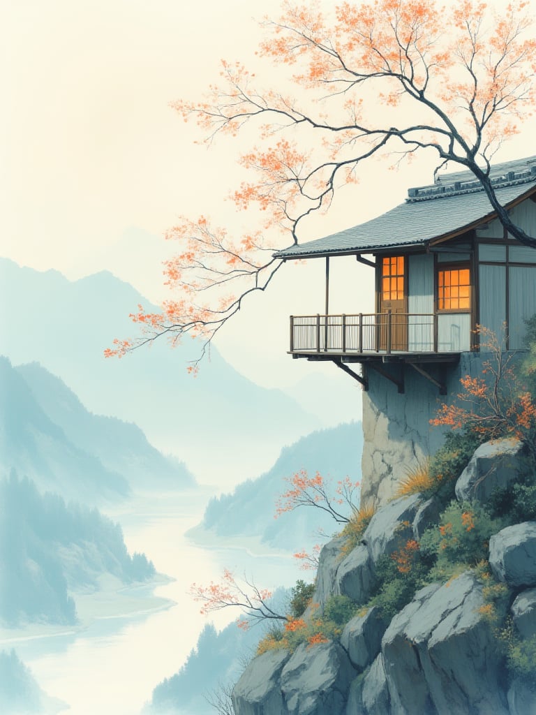 OBfencai,This is a digital artwork depicting a serene, tranquil scene of a traditional Japanese house perched on a cliffside overlooking a misty, mountainous landscape. The house, constructed of light grey wooden planks, features a small balcony with a wooden railing. The balcony is adorned with a warm, inviting orange light emanating from within the house, contrasting with the cool, muted tones of the exterior. The house is supported by sturdy wooden beams and has a simple, elegant design typical of traditional Japanese architecture.In the foreground, a leafless tree with delicate, red-orange branches extends over the balcony, adding a touch of color and life to the otherwise muted scene. The branches are painted with a soft, watercolor-**** texture, giving the impression of a gentle breeze rustling through them. The background reveals a tranquil river winding through the misty mountains, which are painted in shades of blue and grey, blending seamlessly with the soft, pastel sky.