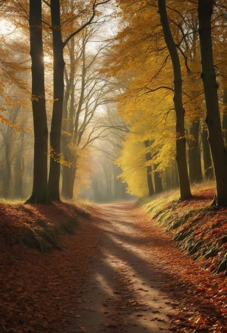 photograph, a path in the woods with leaves and the sun shining , by Julian Allen, dramatic autumn landscape, ears, park, take off, peace, rich cold moody colours, hi resolution, oaks
