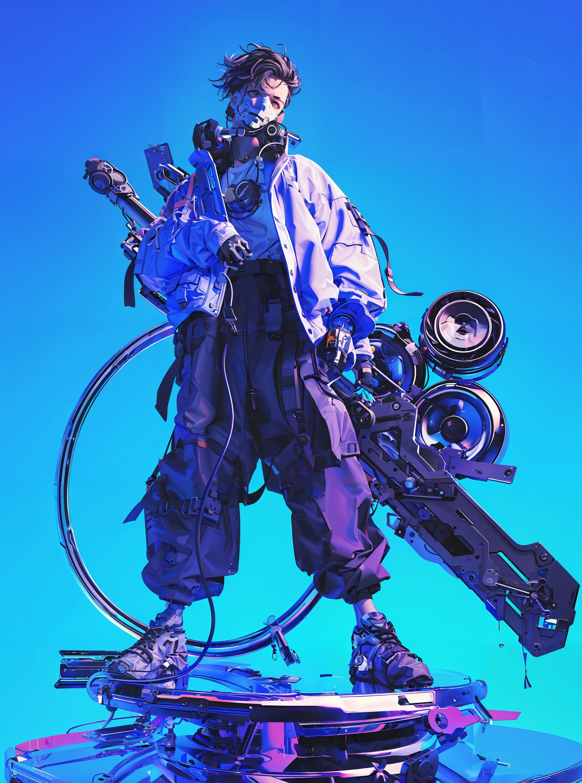 solo, male focus, 1boy, shoes, pants, black hair, weapon, mask, jacket, blue background, white jacket, standing, black pants, full body, gas mask, cyberpunk, respirator, holding weapon, short hair, holding<lora:tusi索泰:0.8>,