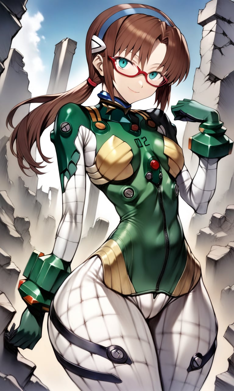 solo, 1girl, maritest, aqua eyes, hairband, brown hair, red-framed eyewear, plugsuit, bracer, quilted bodysuit, thick thighs, wide hips, looking at viewer, light smile, outdoors, ruins, masterpiece, absurdres, by nyatabe, by mogudan, <lora:MariTestSuit_XL:1><lora:Nyatabe_XL:0.65> <lora:Fixhands_anime_bdsqlsz_V1:1> 