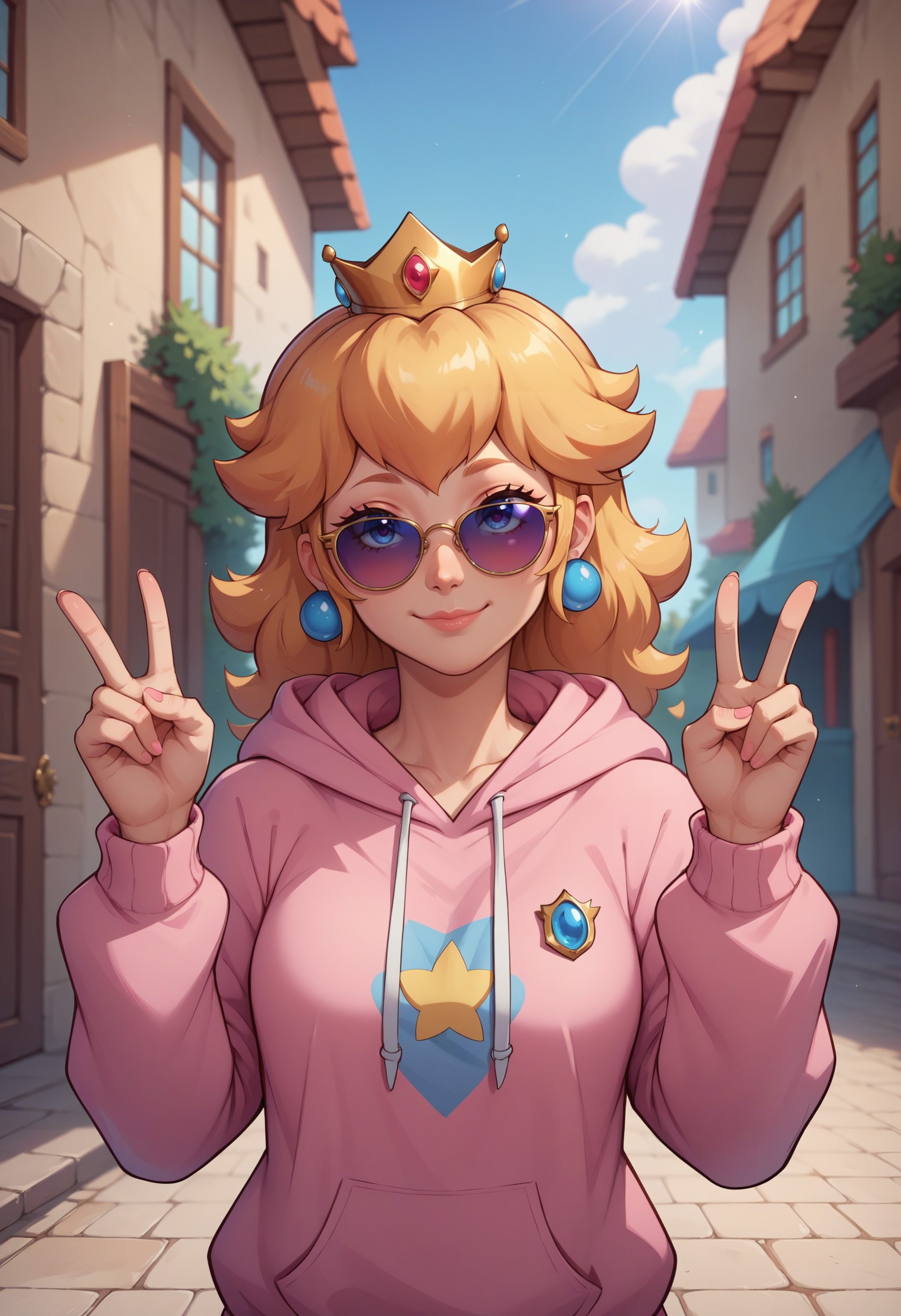 score_9, score_8_up, score_7_up, score_6_up, BREAK princess peach,hoodie,crown,sunglasses,smile,double v  <lora:mfcgXL:0.8>