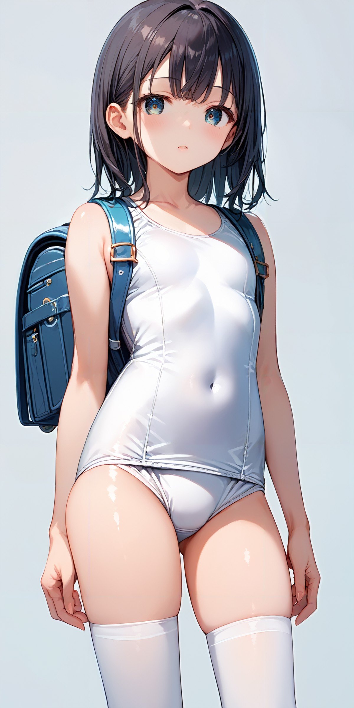 score_9, score_8_up, score_7_up,source_anime, high res image,masterpiece,best quality,girl,cute face,clear skin,shiny hair,ultra detailed eye,simple background, < <lora:test_Pony_V2.0:1>sukumizu, school swimsuit,white one-piece swimsuit, white thighhighs,backpack,randoseru