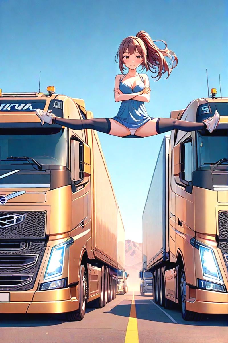 source_anime, score_9, score_8_up, score_7_up, score_6_up, score_5_up, score_4_up, wide shot, pantyshot, big truck, golden truck, epic split, split, crossed arms, spread legs, outstretched leg, sky, wind, volvo, desert road, center line, distant sierra, vanishing point, headlight, closed mouth, night, evening, solo, 1girl, cute, looking at viewer, brown hair, absurdly long hair, ponytail, hi-lo dress, panties, black thighhighs, sneakers, sweat, cleavage, shy, blush, slim figure, <lora:girllikeepicsplit_pony:1>