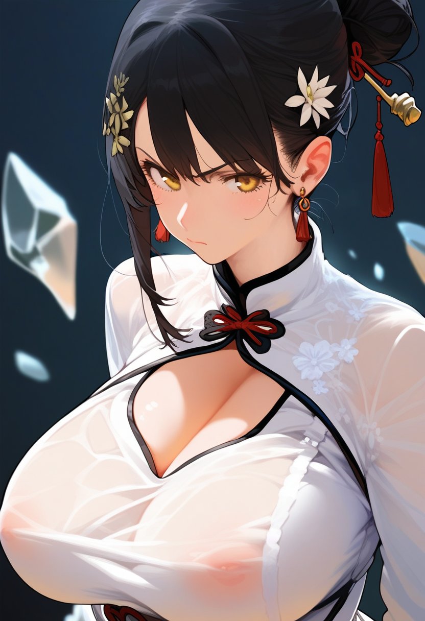 score_9, score_8_up, score_7_up, score_6_up, source_anime, <lora:CLD 0.1v:1>, CLD, 1girl, solo, long hair,angry, looking at viewer, simple background, large breasts, black hair, long sleeves, hair ornament, dress, closed mouth, cleavage, jewelry, upper body, earrings, white dress, hair bun, huge breasts, covered nipples, yellow eyes, see-through, chinese clothes, single hair bun, black background, hair stick, see-through dress, broken glass background, depth of field,