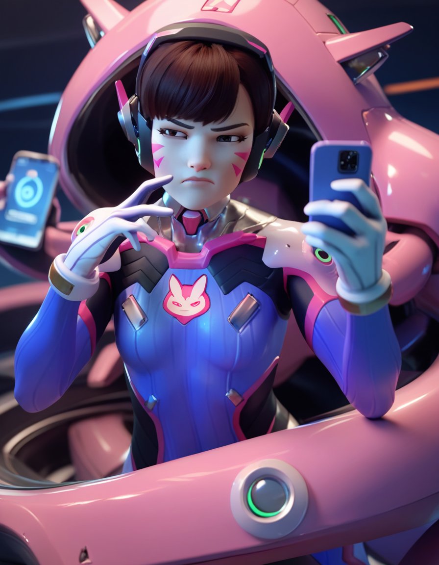 score_9, score_8_up, score_7_up, score_6_up, score_5_up, score_4_up, 3d<lora:overwatch-3d-ponyxl-000010:0.7>1girl, owdva, white gloves, bodysuit, whisker markings, headphones, meka, looking at phone, annoyed