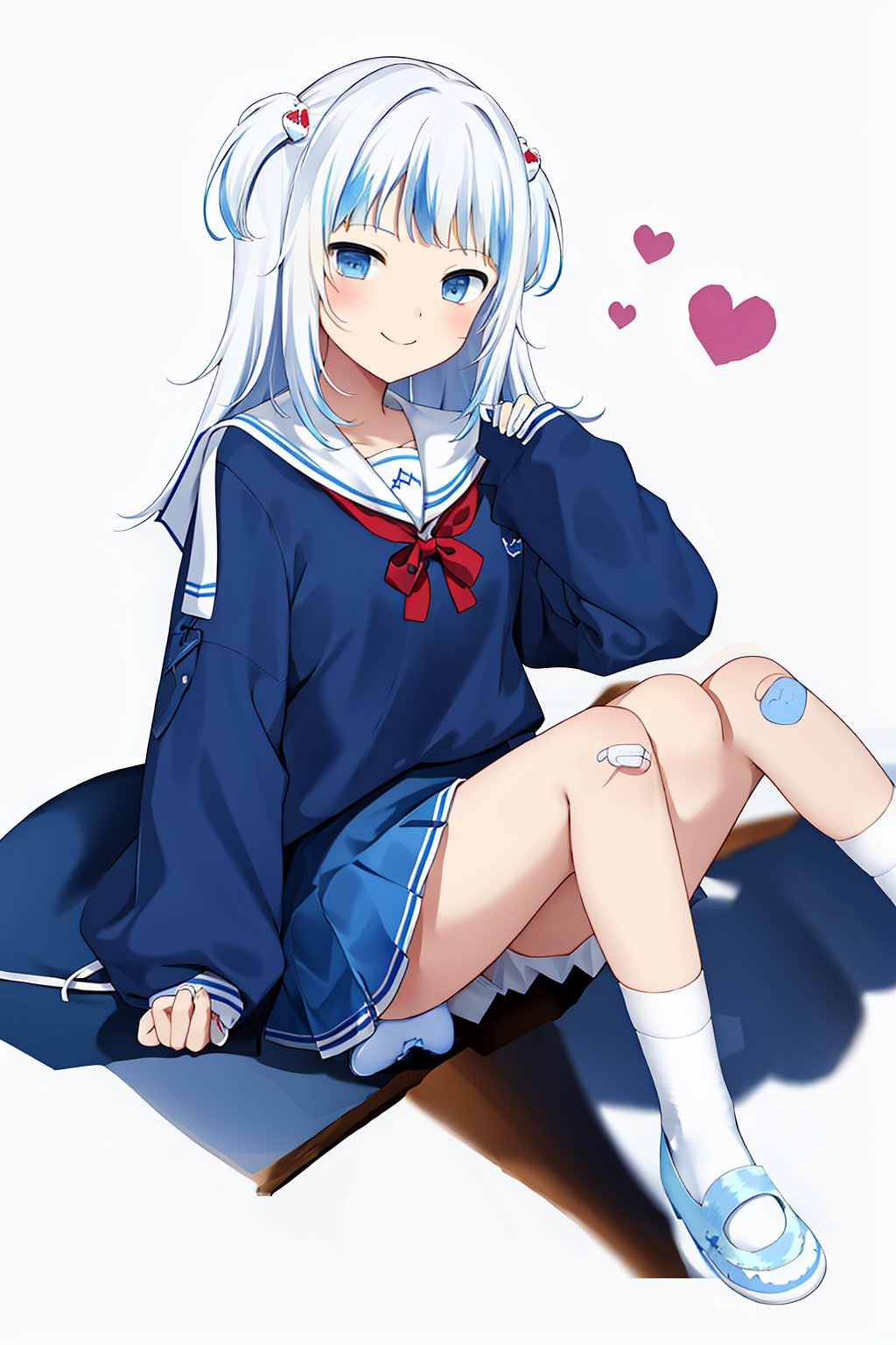 <lora:gura_v1.1-000010:0.9>, gawr gura,gura_student_outfit, 1girl, solo, best quality, masterpiece, highres, looking at viewer, cowboyshot, heart-shaped patch, bandage, knee socks, skirt, staircase, light-blue color scheme, school uniform, white shoes, (solid white background: 1.3), hair ornament, smile, front view