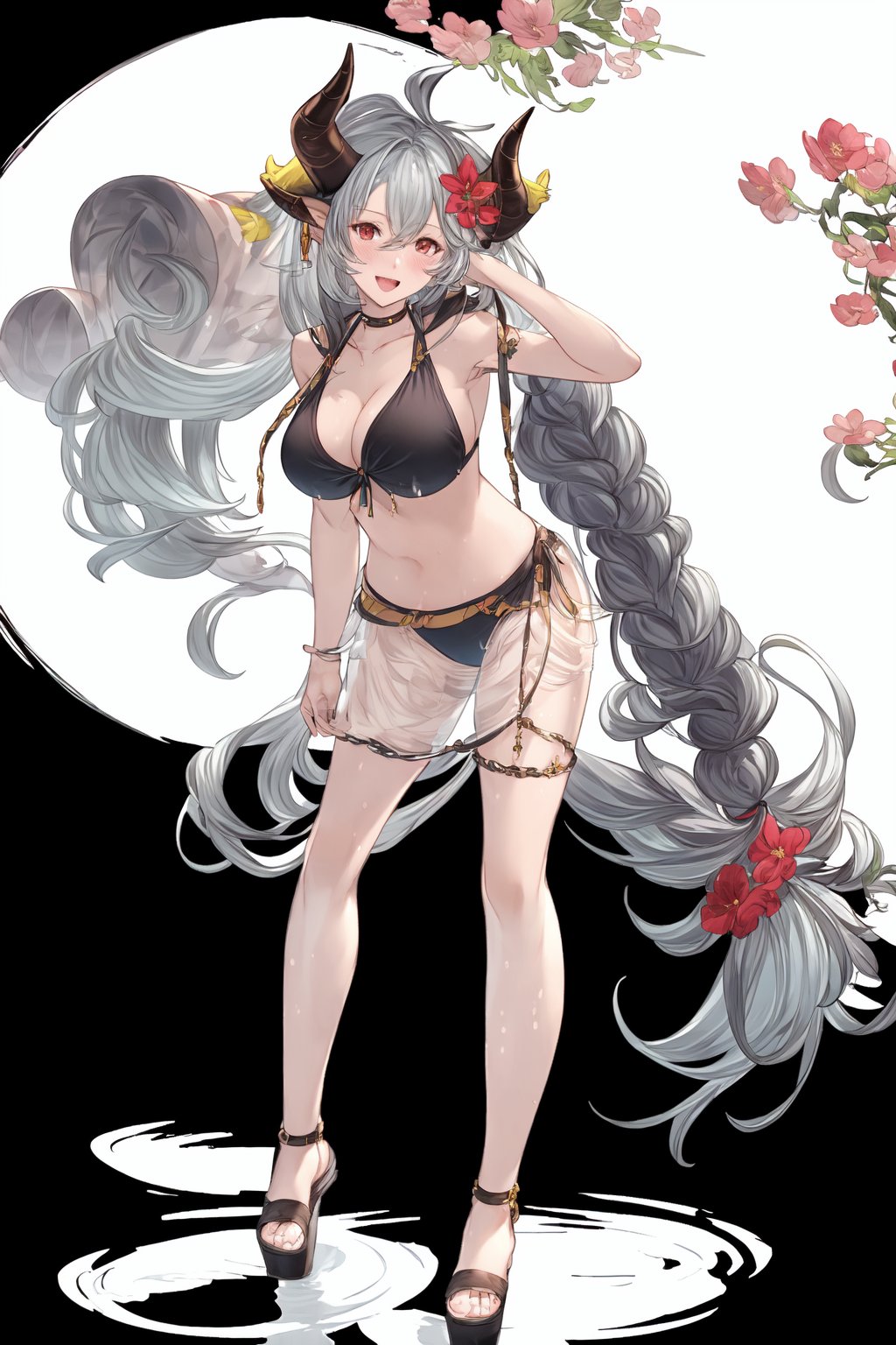 1girl,long hair,solo,swimsuit,horns,draph,breasts,bikini,open mouth,very long hair,full body,red eyes,see-through,smile,simple background,large breasts,white background,red bikini,sandals,hair between eyes,flower,grey hair,sailor collar,shirt,hair flower,looking at viewer,bangs,hair ornament,ahoge,collarbone,arm up,official alternate costume,:d,standing,navel,leaning forward,white shirt,blush,black footwear,cleavage,wet shirt,<lora:girl_Granblue Fantasy Art:1>