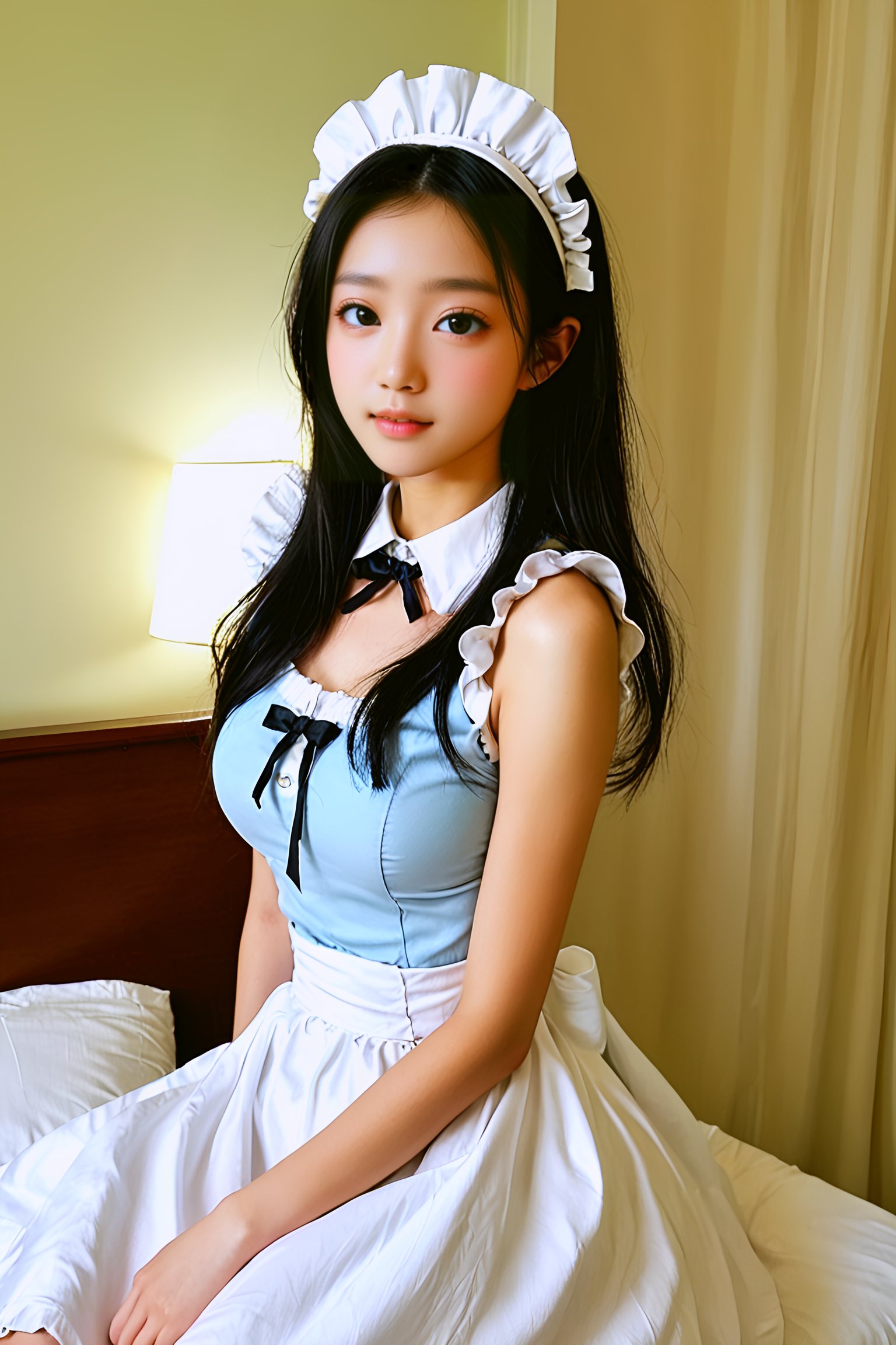 masterpiece, realistic, photo \(medium\), 1girl, solo, long hair, black hair, looking at viewer, maid, frilled dress