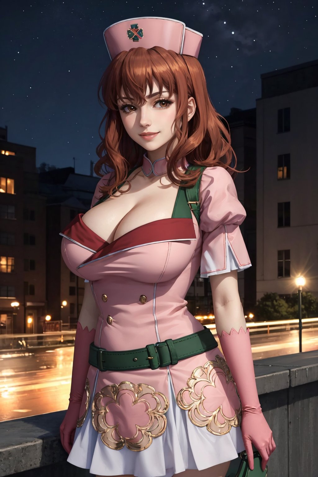 masterpiece, best quality, 1girl, <lora:mugenkurumi-nvwls-v1-000009:0.9> mugenkurumi, nurse cap, pink dress, short sleeves, cleavage, belt, pink skirt, pink gloves, large breasts, furrowed brow, smile, looking at viewer, night, city