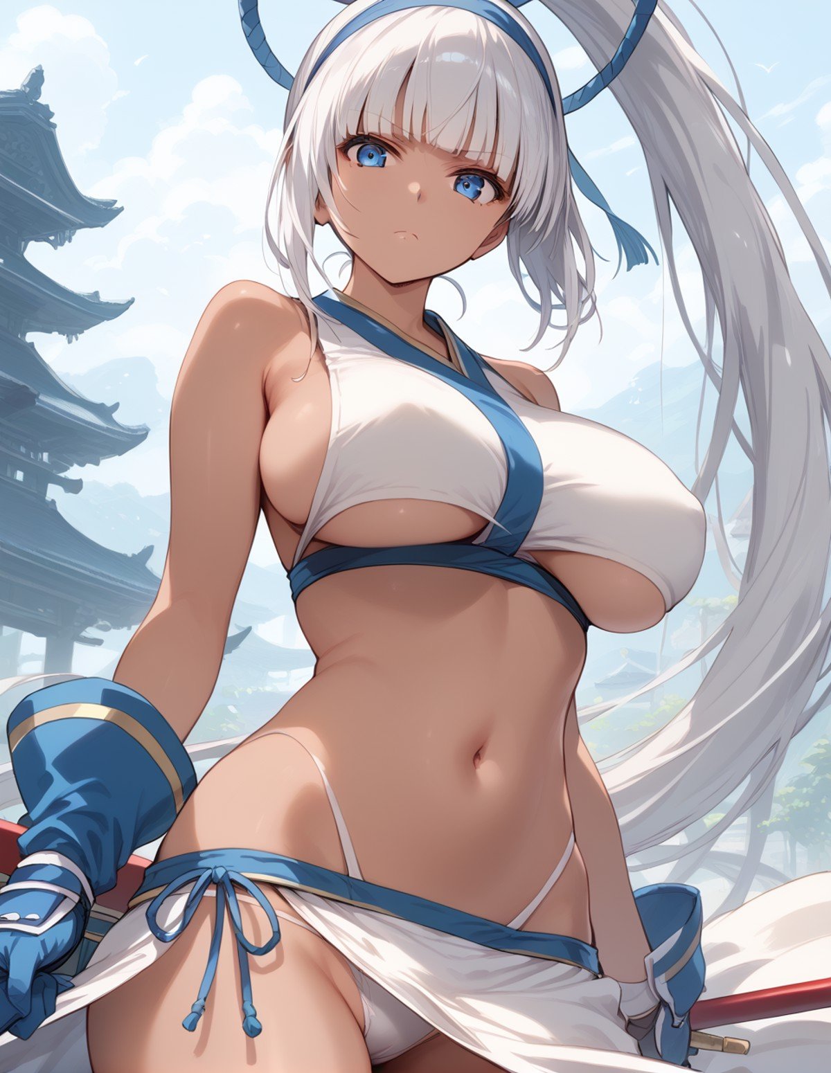 1girl,<lora:majikinamina_pony:1>,majikina mina,silver hair,blue eyes,dark skin,large breasts,high ponytail,hairband,bare shoulders,underwear,gloves,panties,midriff,blunt bangs,revealing clothes,side-tie skirt,white sarong,hair ribbon,navel,serious,, score_9,score_8_up,score_7_up,source_anime,masterpiece,best quality,perfect anatomy,very aesthetic,absurdres,