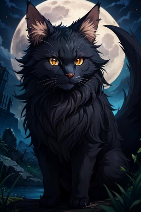 black fluffy gorgeous dangerous cat animal creature, large orange eyes, big fluffy ears, piercing gaze, full moon, dark ambiance, best quality, extemely detailed