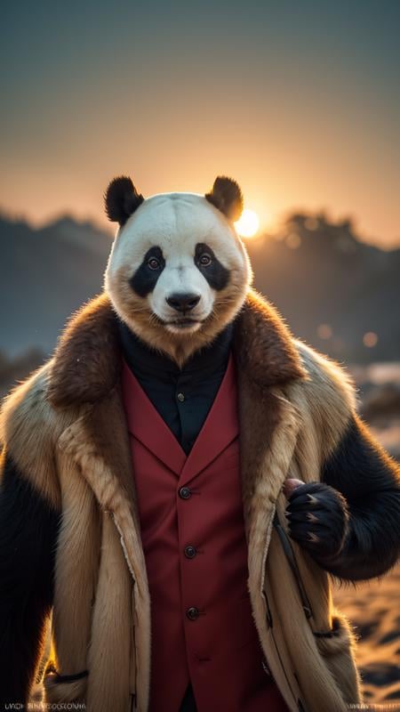 (best quality, masterpiece, colorful, highest detailed), (photorealistic:1.2), raw photo, upper body photo, fashion photography of cute (1 friendly anthropomorphic panda man), muscle, man kind pandaman, furry, in high detailed dressed in a coat, in an elegant evening dress, really wild fur, dramatic scene, (detail fur texture, ultra-detailed body), moonlight passing through fur, (night beautiful background:1.3), dawn, (intricate details), (dynamic angle), exposure blend, bokeh, dim light, (hdr:1.4), high contrast, (muted colors, dim colors, soothing tones:1.3), low saturation, morbid, award winning photography