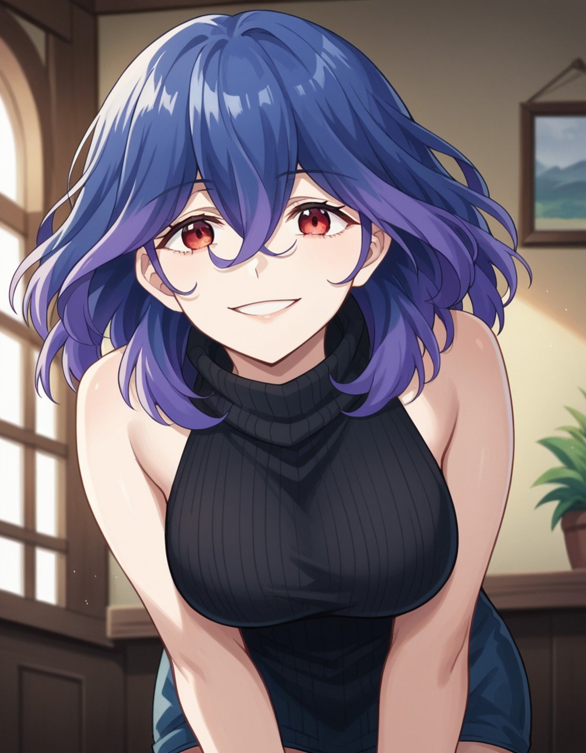 score_9, score_8_up, score_7_up, source_anime,vermeil, <lora:vermeil-s1-ponyxl-lora-nochekaiser:1>,vermeil, red eyes, hair between eyes, blue hair, purple hair, multicolored hair, medium hair,sweater, bare shoulders, sleeveless, turtleneck, black sweater, thighs,indoors, bent over, smile,looking at viewer, cowboy shot, solo, dutch angle,