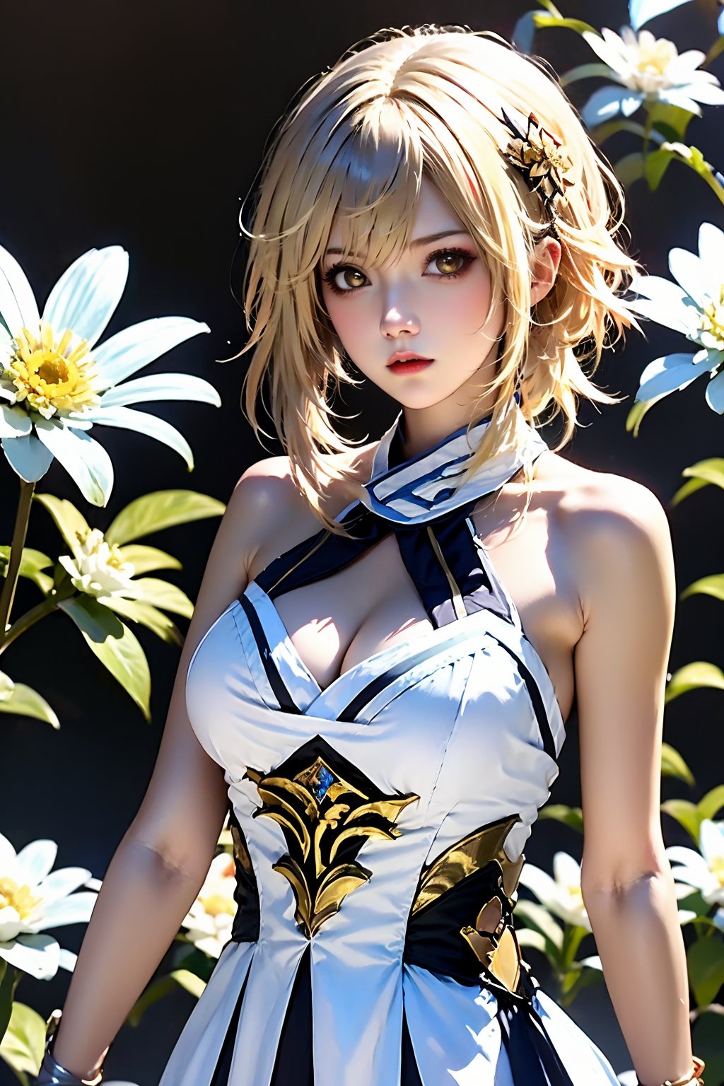 1girl, lumine \(genshin impact\), breasts, solo, blonde hair, cleavage, dress, white dress, hair ornament, looking at viewer, bare shoulders, flower, large breasts, realistic, covered nipples, hair flower, upper body, short hair with long locks, lips, yellow eyes, sleeveless, brown eyes, white flower, closed mouth, sleeveless dress, hair between eyes, sidelocks, nose, medium breasts, short hair, scarf, simple background