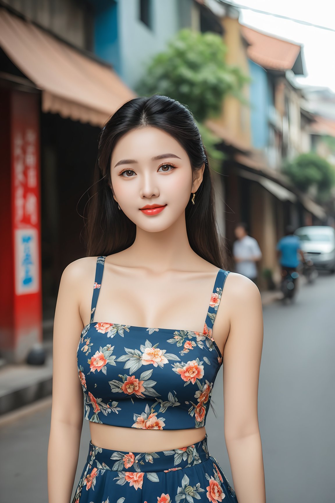 masterpiece,  best quality,  realistic,  photo,  real,  incredibly_absurdres,  Ultra HD, Affectionately looking at you, 8K, UHD, in the vietnamese city street,  full body,  arms behind head, arms behind back,  bust photo, masterpiece,  best quality,  realistic,  photo,  real,  incredibly_absurdres,  Ultra HD, Affectionately looking at you, 8K, UHD, in the vietnamese city street,  full body,  arms behind head, arms behind back,  bust photo, The 20-year-old vietnamese girl, She has black hair,  boho_chic maxi skirt with prints outfit,  The lines of her face are soft and smooth. Her skin is as fair as snow,  soft and delicate,  and her eyes are bright and bright,  deep and mysterious,  making people feel endless charm and appeal. The eyebrows are slender and graceful,  the nose is straight and noble,  the lips are rosy and seductive,  and the slightly raised angle reveals confidence and elegance. Her facial features are delicate and three-dimensional,  with well-defined contours,  like a fine painting or a finely carved work of art. The overall feeling is gentle,  elegant,  noble and full of charm,  huge_filesize,  bust,  girl,  kawaii,  adorable girl,  bishoujo,  ojousama,  idol,  wavy hair,  long hair,  black hair,  beautiful detailed eyes,  looking at viewer,  seductive smile,  black eyes,  large breasts,  arms behind back