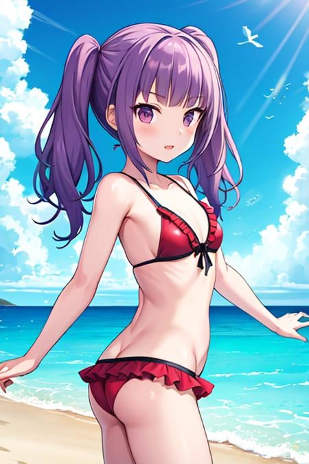 ichijou ayaka, pincer frill, twintails, sidelocks, red bikini, frilled bikini, front-tie bikini top, swimsuit, ocean, beach, day, sky, cloud <lora:fingers4civitai:1:1:lbw=OUTALL> <lora:ichijou_ayaka_locon_v1:0.7>