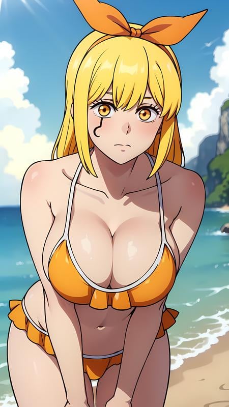 masterpiece, best quality, high resolution, highly detailed, HDR, intricate detail, ultra detailed,BREAK<lora:Lemon Irvine_moewaifu974:0.8>_yellow eyes_yellow hair_ sidelocks_hair ribbon_mark faceBREAK(orange bikini,absolute cleavage_collarbone:1.3)BREAK(from_side:1.3)_ (cowboy_shot:1.4)( leaning forward:1.5)_ looking_at_viewerBREAKBright sun shines on the sandy beach. Fluffy clouds dot the azure sky above. Waves crash, creating foamy bubbles.(cloud_sky_sunray:1.4)