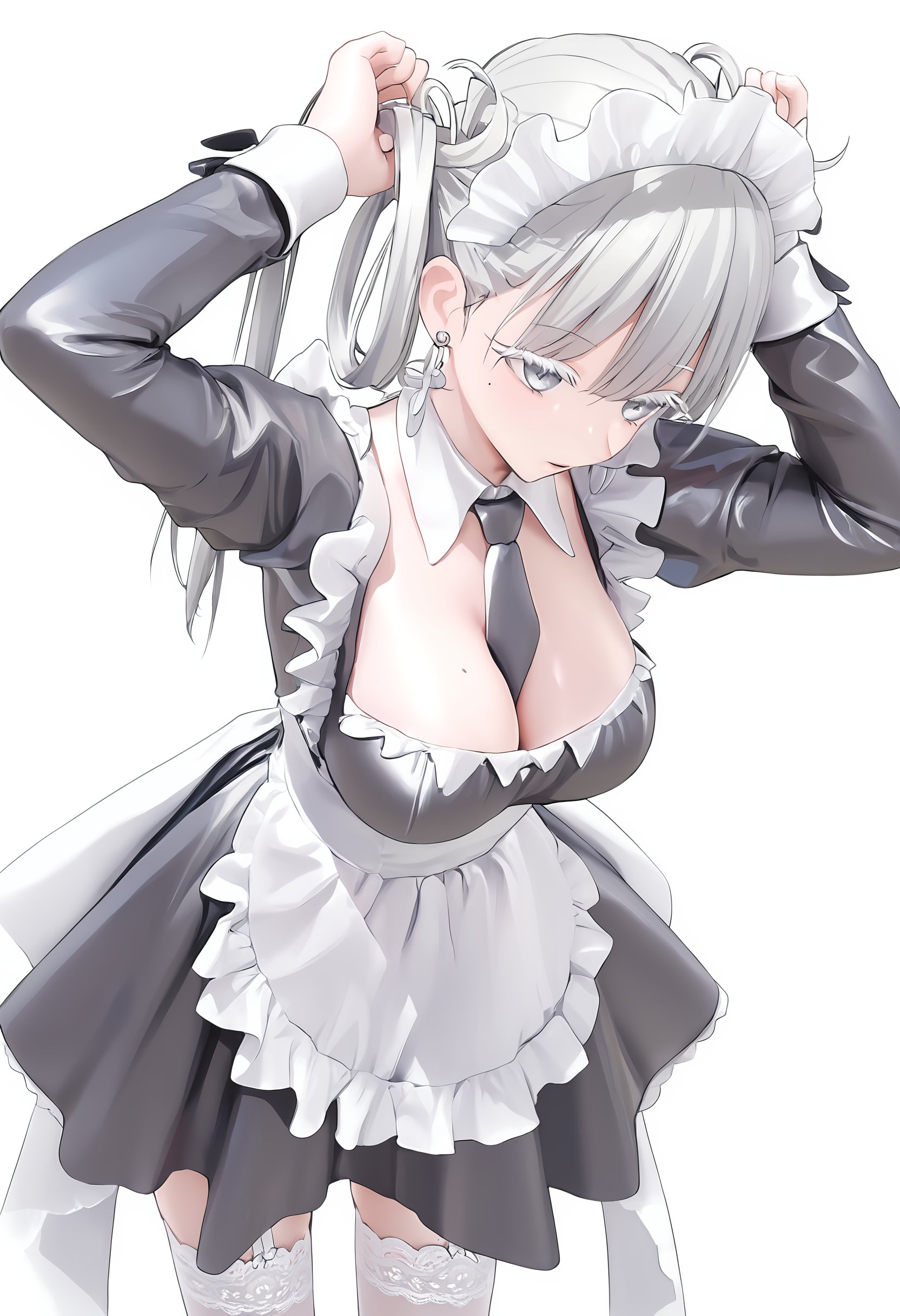 (masterpiece),(bestquality),tianzui,1girl,solo,large breasts,white background,maid dress,cleavage,maid headdress,tying hair,long sleeves,garter straps,white thighhighs,white apron,arms up,<lora:jinhsi-pony-v2-000008:0.6>,white eyelashes,grey hair ribbon,hair rings,tie tow side hair,grey eyes,twintails,earrings,white hair,mole under eye,jinhsi,<lora:tianzui-pony-v1-000008:0.6>,