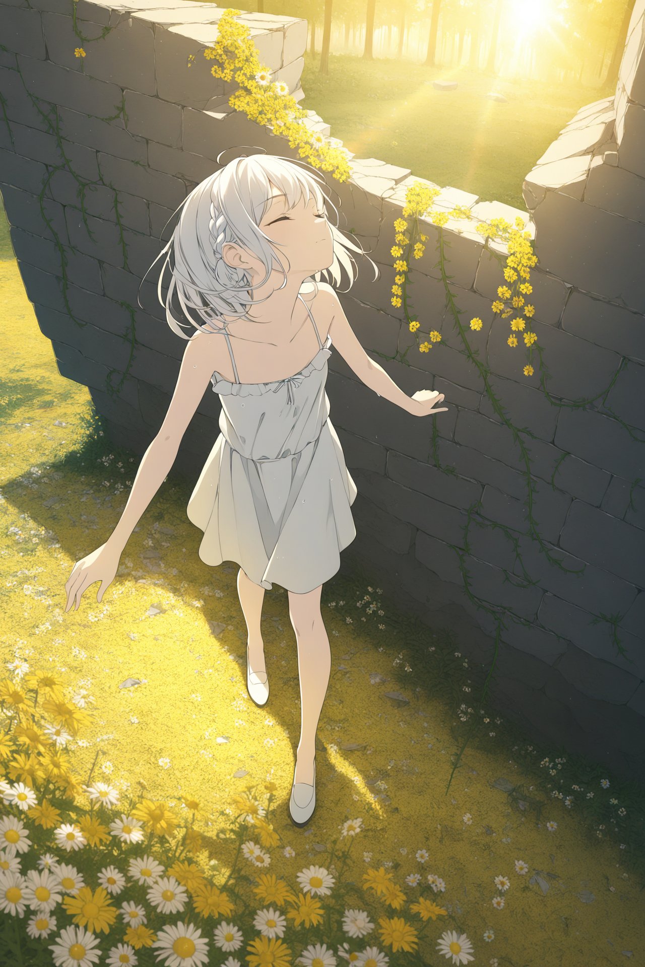 (masterpiece),(best quality),illustration,ultra detailed,hdr,Depth of field,(colorful),loli,yellow theme,the setting sun,Chamomile,Chamomile,cornflower,vines,forest,ruins,lens flare,hdr,Tyndall effect,damp,wet,1girl,bare shoulders,broken glass,broken wall,white hair,white dress,closed mouth,constel lation,flat color,braid,blinking,white robe,float,closed mouth,constel lation,flat color,looking up,standing,medium hair,standing,solo,