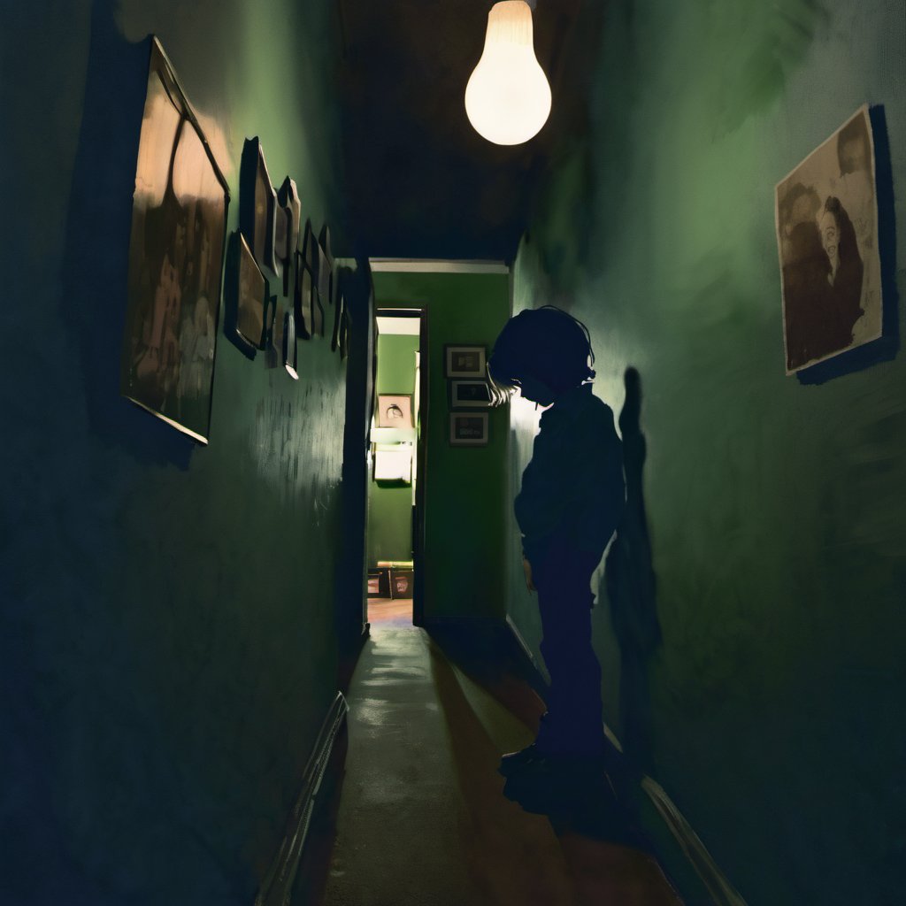 <lora:loneliness_xl_v2:0.8>,The image portrays a dimly lit corridor or hallway. On the left side, there's a wall adorned with numerous framed photographs, each displaying different individuals. The photographs are attached to the wall using a green adhesive. The corridor itself is painted in a muted green color, and there's a solitary light bulb hanging from the ceiling, casting a warm glow. On the right side of the image, a silhouette of a person, possibly a child, is seen standing near the wall, looking downwards. The person appears to be wearing a blue shirt and dark pants. The overall ambiance of the image is mysterious and evokes a sense of nostalgia or reflection.