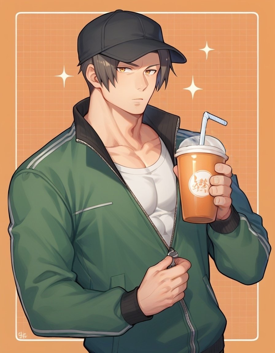 sscore_9, score_8_up, score_7_up, source_anime, miles edgeworth, 1boy, solo, male focus, muscular, muscular male, black headwear, green jacket, grid background, hat, inset border, jacket, juice, holding cup, disposable cup, looking at viewer, male focus, orange background, sparkle, zipper, zipper pull tab, gray eyes, <lora:miles_edgeworth_pony:1>