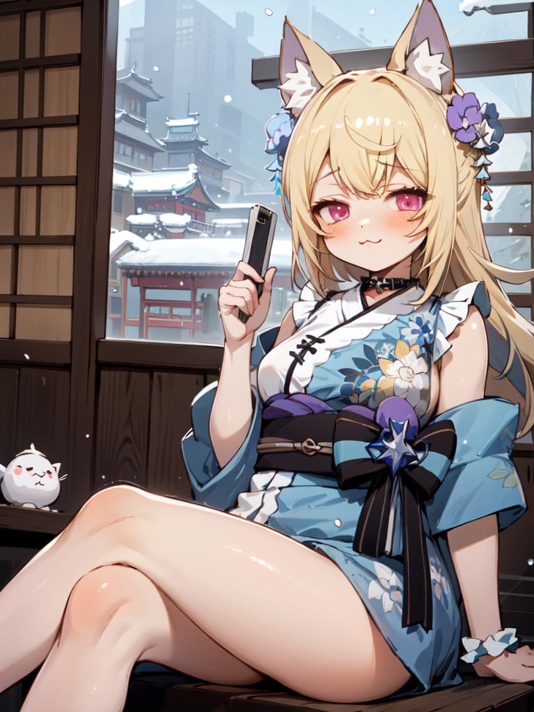 fuwawa_abyssgard, 1girl, short, solo,blonde_hair, long_hair, pink_eyes, dog_ears,cute,looking_at_viewer, :3,kimono, sitting,east_asian_architecture, bedroom, winter,