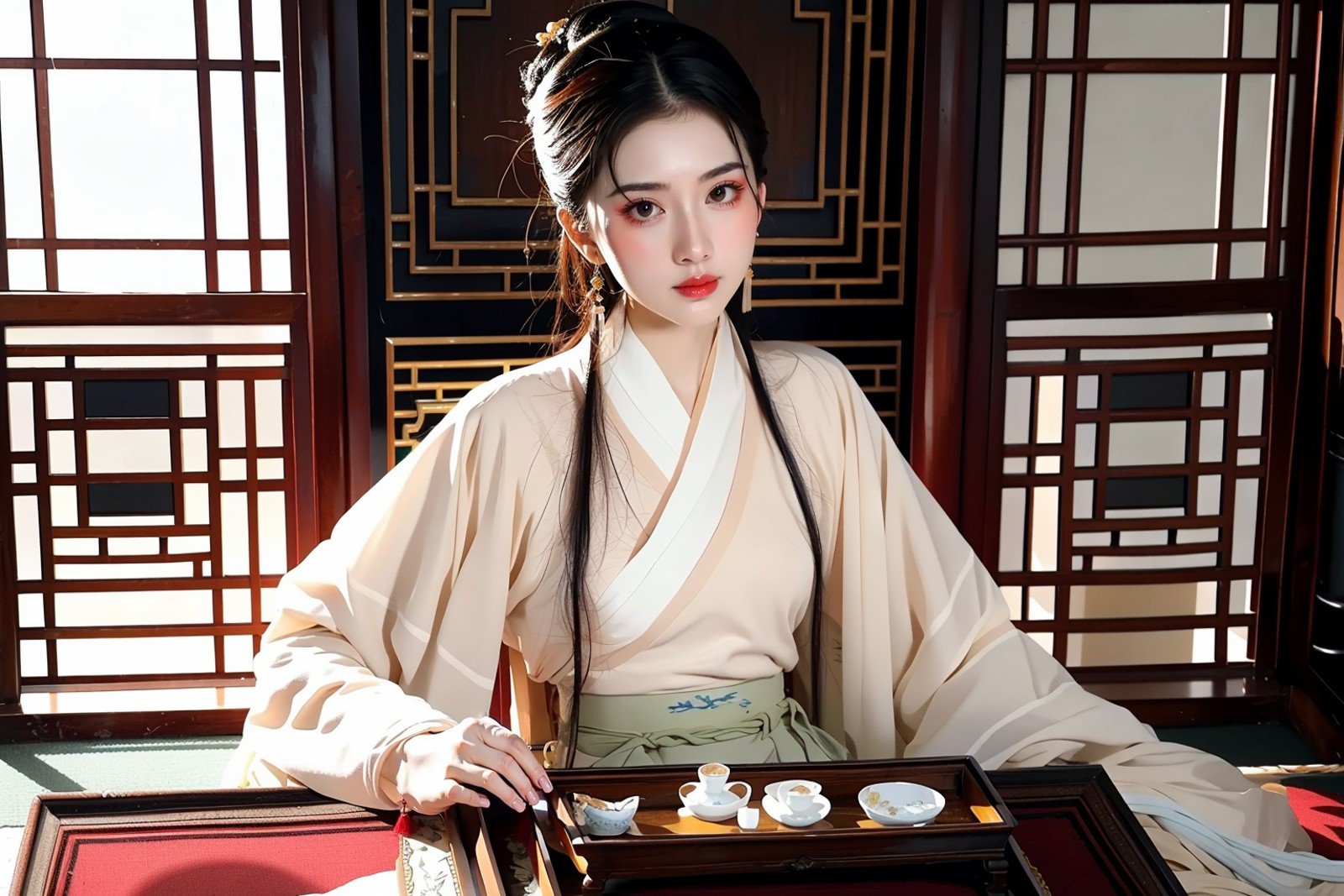 hanfu,1girl,solo,looking at viewer,jewelry,sitting,blackhair,earrings,indoors,chinese room,table,eastasianarchitecture,teacup,chinako,