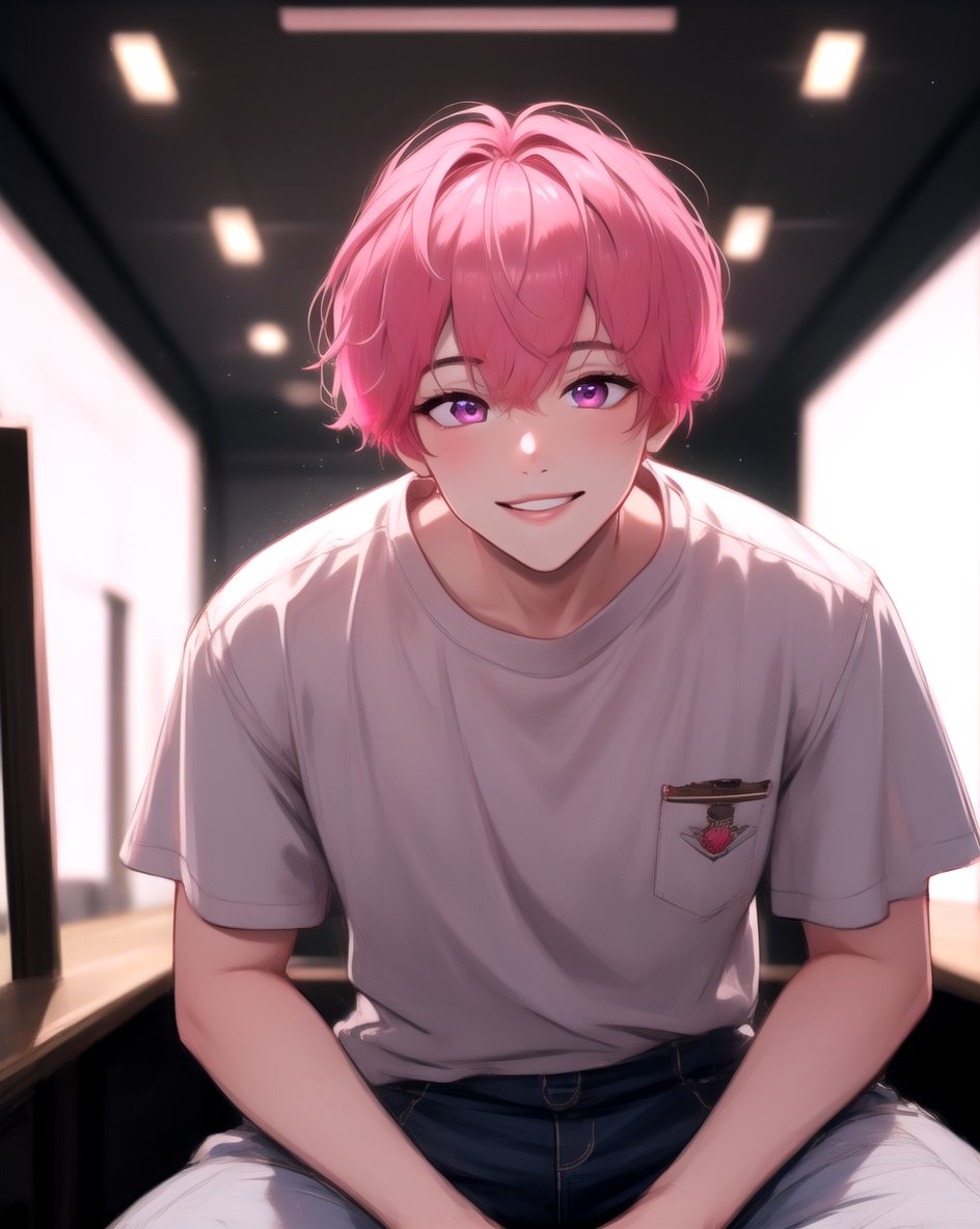 masterpiece, best quality, highly detailed background, perfect lighting, ((masterpiece)), depth of field, cinematic lighting, 1boy, male focus, Bamby, pink hair, solo, shirt, looking at viewer, pink eyes, smile, short hair, pants, <lora:more_details:0.1>,  <lora:Bamby:1>,