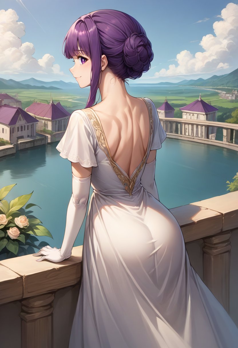 score_9, score_8_up, source_anime, 1girl, solo, FernDress, purple eyes, purple hair, hair bun, sidelocks, white dress, (gold embroidery:0.8), collarbone, short sleeves, elbow gloves, white gloves, smile, outdoors, looking back, balcony, from behind, <lora:CHAR-FernPonyXL:1>