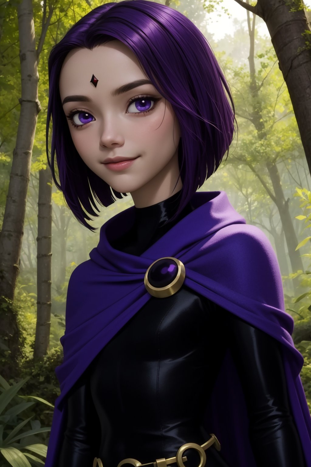 raven, 1girl, solo, purple eyes, purple hair, short hair, colored skin, grey skin, forehead jewel,black leotard, long sleeves, belt, purple cape,smile,closed mouth,portrait,forest,outdoor,(insanely detailed, beautiful detailed face, masterpiece, best quality) cinematic lighting,<lora:Raven_v3:1>, <lora:more_details:0.3>,