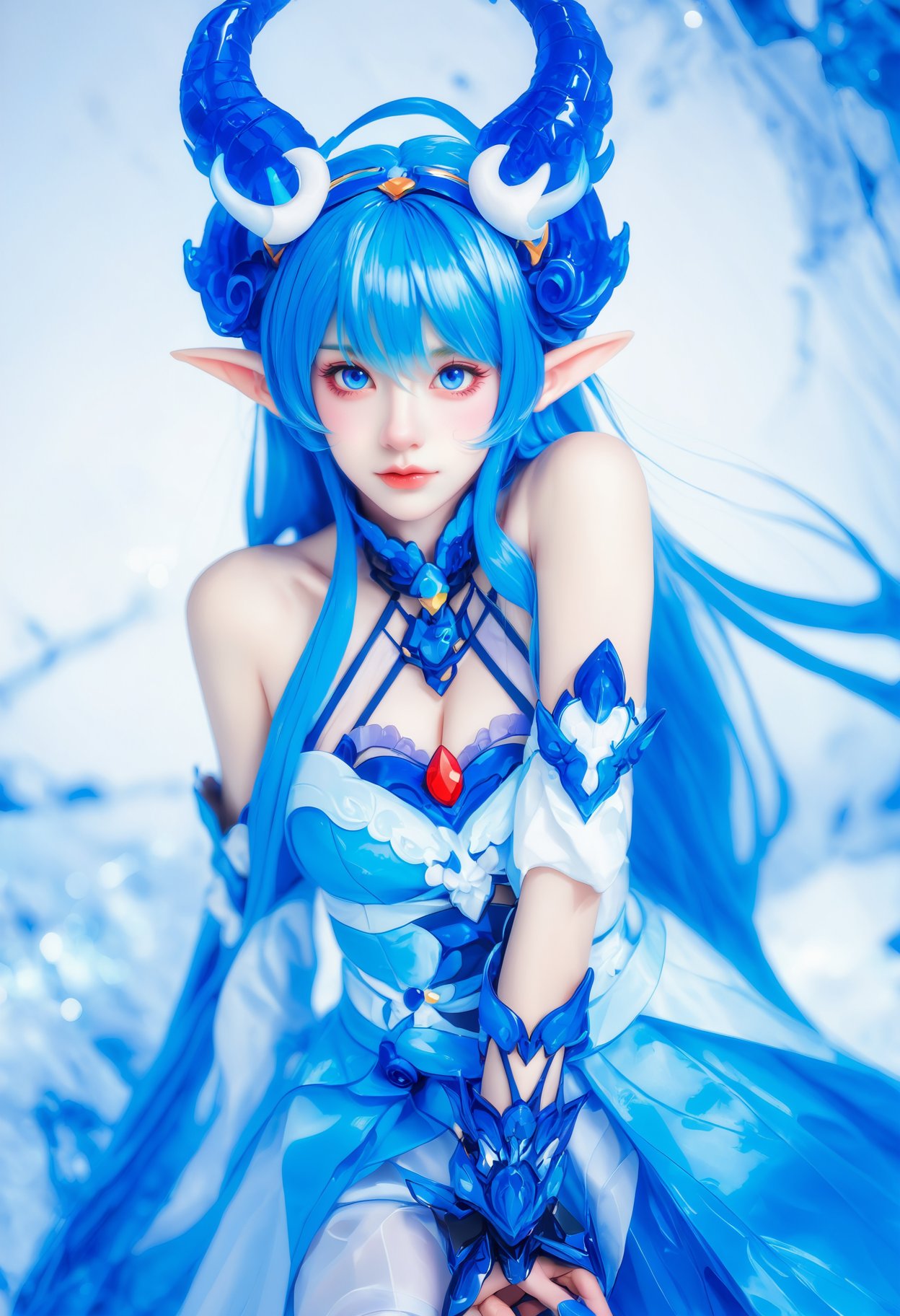 Cosplay, anime artwork, blue-haired character, elaborate costume, fantasy setting, vibrant blue hues, long flowing hair, horned headpiece, dynamic pose, close-up shot, intense gaze, soft lighting, ethereal mood, intricate details, white and blue background elements, engaging and immersive visual style.