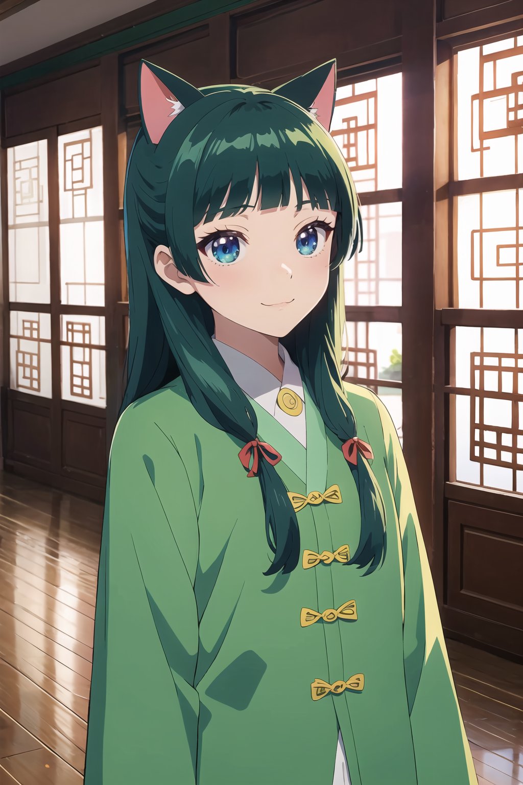 Maomao, anime character in green shirt standing in a room with windows, 1girl, solo, long hair, smile, bangs, blue eyes, long sleeves, ribbon, hair ribbon, green hair, indoors, blunt bangs, chinese clothes, architecture, lattice, cat ears, :3, upper body, light smile,  <lora:The_Apothecary_Diaries_-_Maomao_Xiao_Mao R2:0.8>