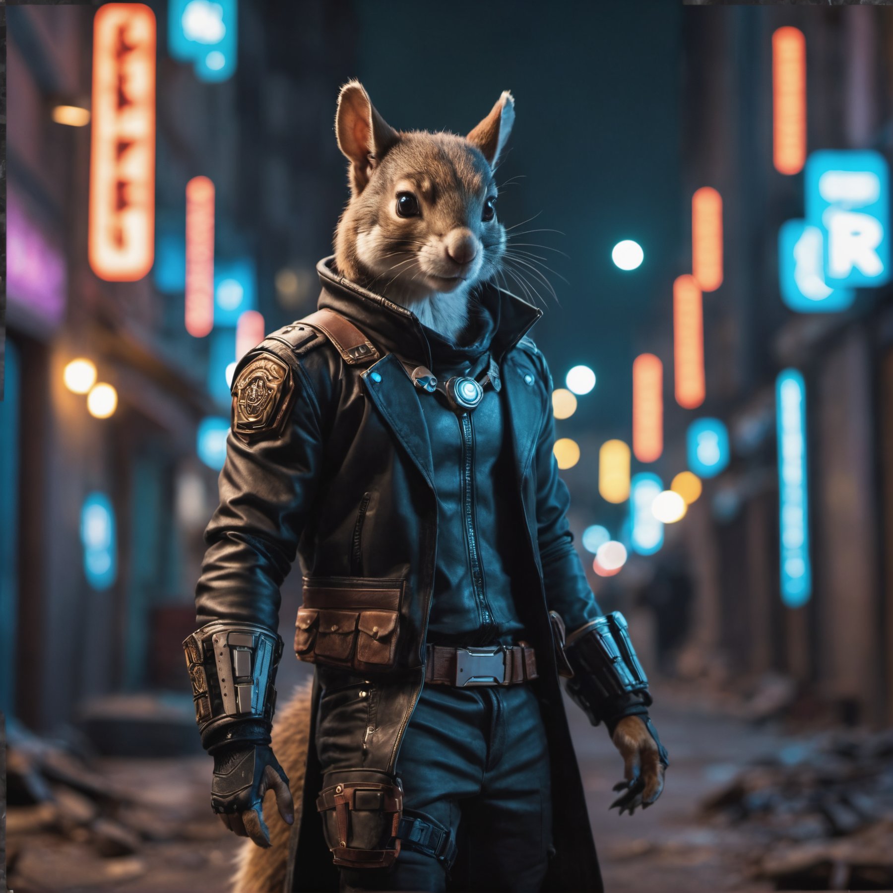 cyberpunk  anthro squirrel   male wearing cyberpunk outfit in a destroyed city . shallow depth of field, vignette, highly detailed, high budget, bokeh, cinemascope, moody, epic, gorgeous, film grain, grainy, high quality photography, 3 point lighting, flash with softbox, 4k, Canon EOS R3, hdr, smooth, sharp focus, high resolution, award winning photo, 80mm, f2.8, bokeh