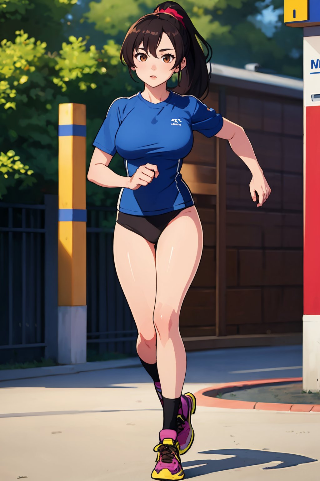 (best quality:1.4),(masterpiece:1.4),(8K:1.4),(extremely detailed:1.4),1girl,solo,brown eyes,(upper body:1.2),looking at viewer,ponytail,black hair,(full body:1.2),large breasts,running in sportswear,outdoors,