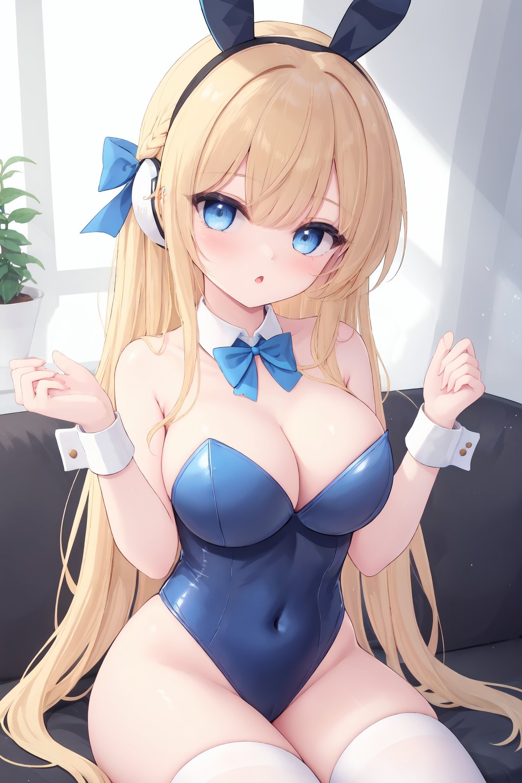 1girl, solo, breasts, blonde hair, long hair, leotard, cleavage, blue eyes, white thighhighs, bowtie, looking at viewer, detached collar, wrist cuffs, playboy bunny, bare shoulders, sitting, blue bow, hair bow, strapless leotard, strapless, headset, v, medium breasts, blue bowtie, parted lips, covered navel, hand up, large breasts, thighs, :o, braid,