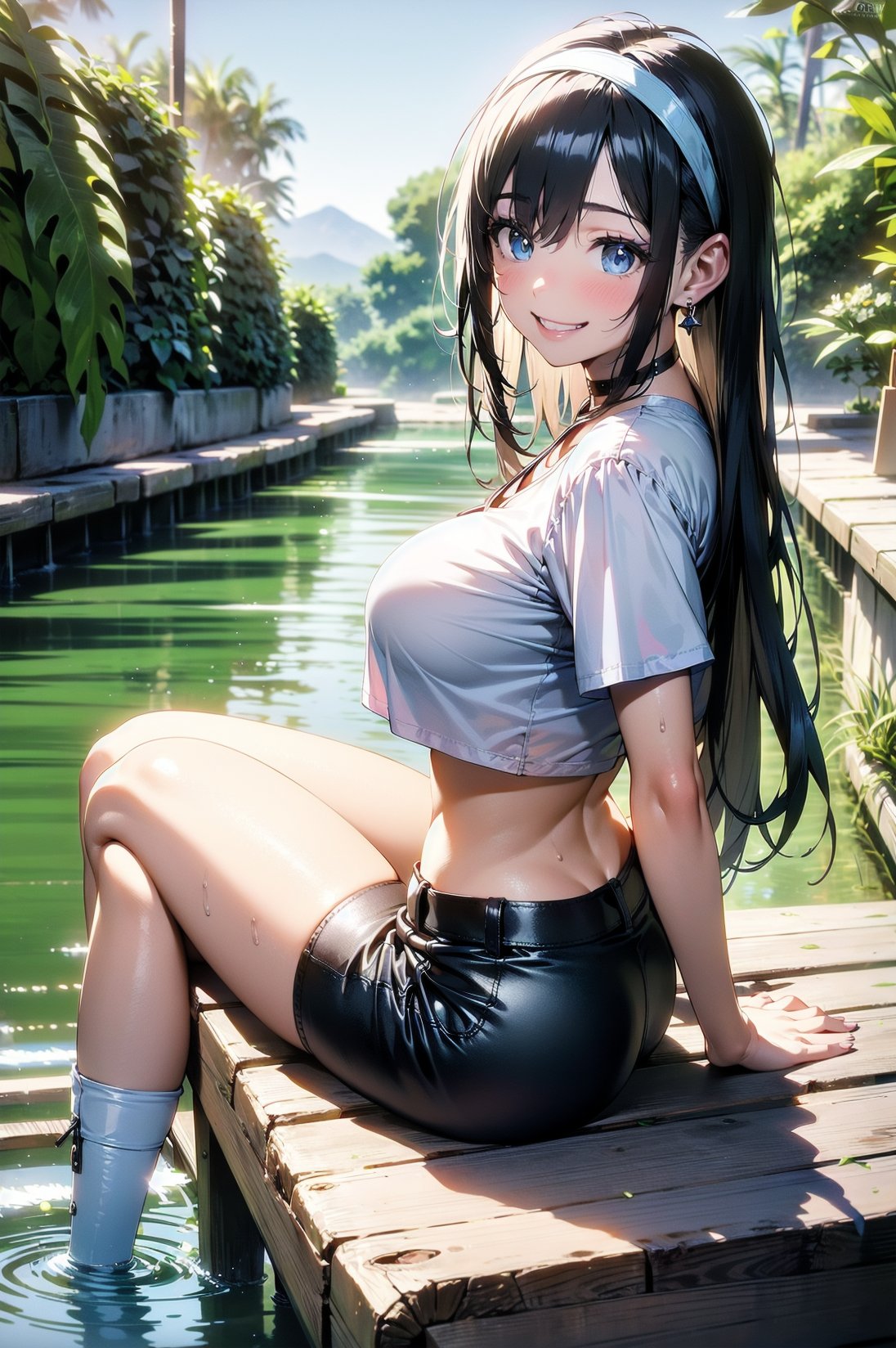 girl, river,log,long_hair, breasts, looking_at_viewer, smile, bangs, blue_eyes, large_breasts, shirt, black_hair, sitting, underwear, panties, ass, thighs, hairband, earrings, boots, shorts, choker, blunt_bangs, white_panties, grin, crop_top, underboob, black_choker, thick_thighs, white_footwear, bright_pupils, areola_slip, pink_shirt, white_shorts, purple_shirt ,(masterpiece,detailed,highres:1.1)