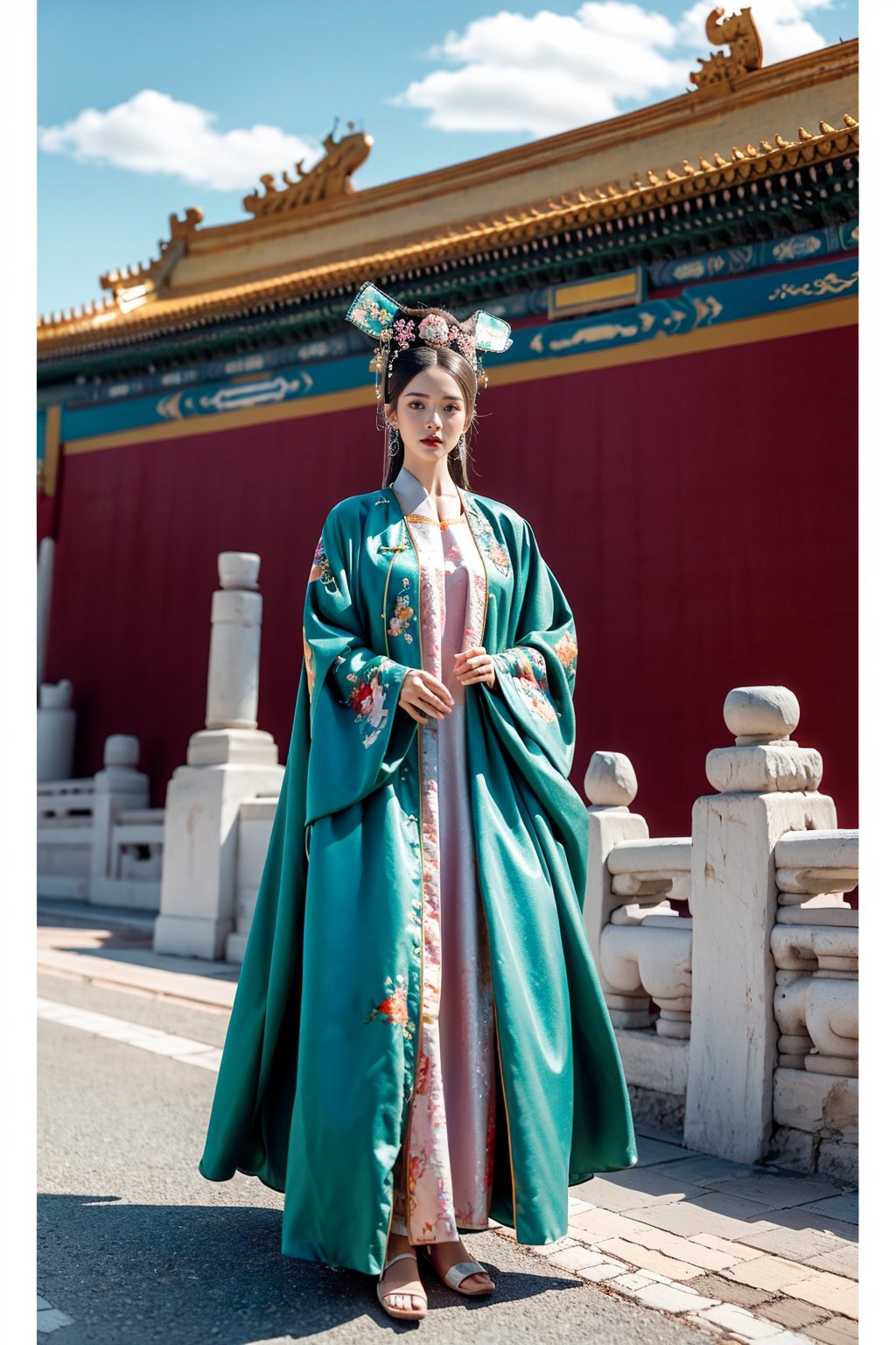 gugong, sky, cloud, sky, 1 Hanfu girl, fine headdress, whole body, embroidered shoes, face, looking at the audience, no feet, solo, outdoor, five fingers, 2 hands, blue sky, scenery, East Asian architecture, architecture, Forbidden City, road, 8K, photography Wilight W resolution,