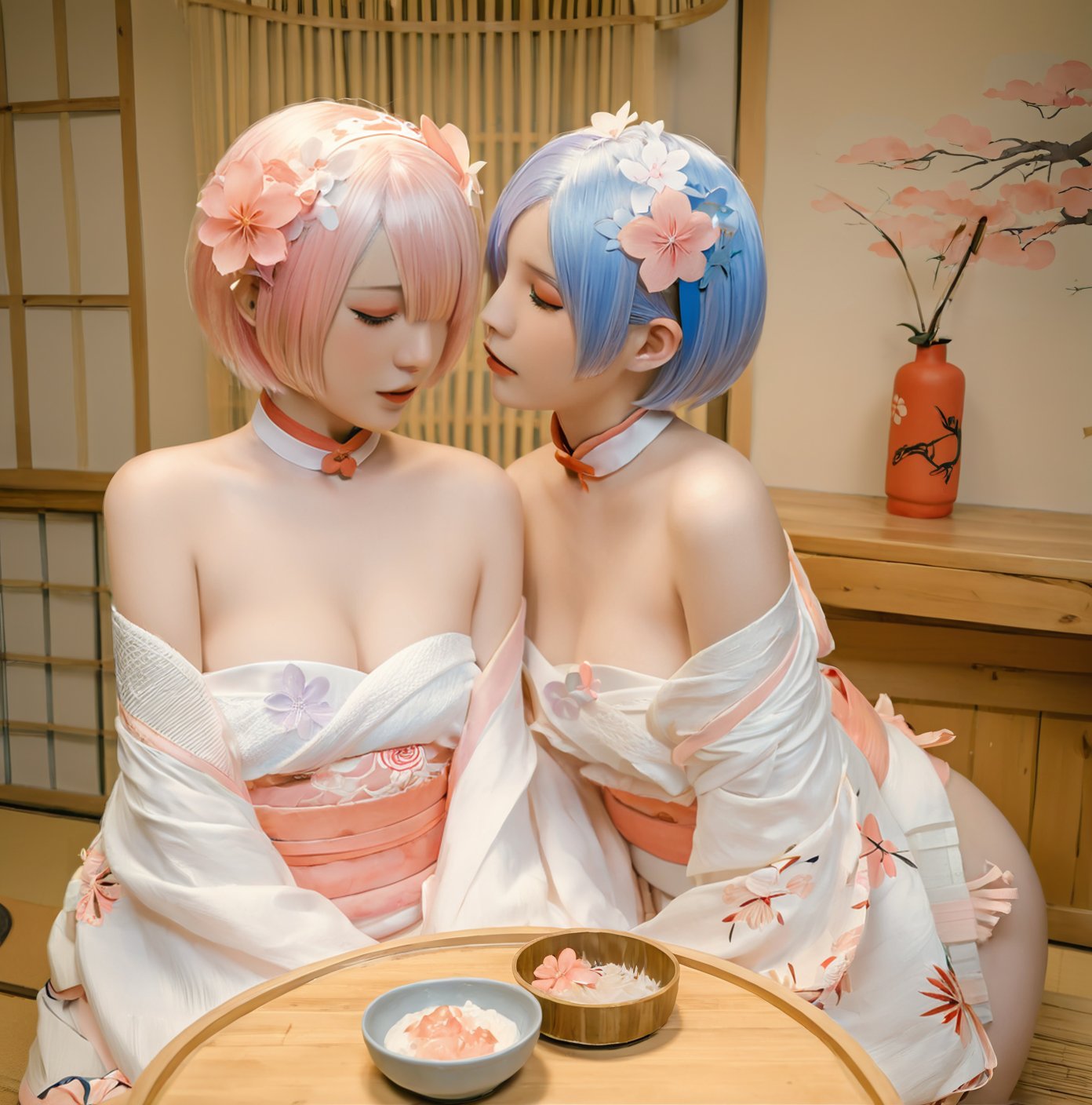 ram \(re:zero\), siblings, short hair, japanese clothes, rem \(re:zero\), kimono, twins, blue hair, hair ornament, sisters, hair flower, food, flower, pink hair, multiple girls, 2girls, indoors, realistic, choker, off shoulder, breasts, bare shoulders, blue eyes, makeup, x hair ornament, hair over one eye, sash, obi, sitting, web address, feeding, table, looking at another, painting \(object\), pink eyes, white kimono, profile, medium breasts, indoor environment,<lora:如梦-000002:0.8>,