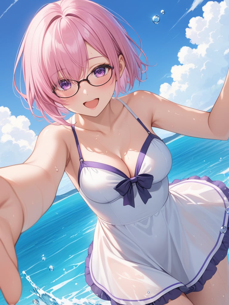 (best quality), ((masterpiece)), (highres), illustration, original, extremely detailed, 1girl, mash kyrielight, official alternate costume, breasts, solo, glasses, purple eyes, hair over one eye, mash kyrielight \(swimsuit of perpetual summer\), short hair, dress, cleavage, sky, open mouth, looking at viewer, white dress, smile, day, blue sky, cloud, outdoors, collarbone, medium breasts, wet, blush, dress swimsuit, bare shoulders, water drop, pink hair