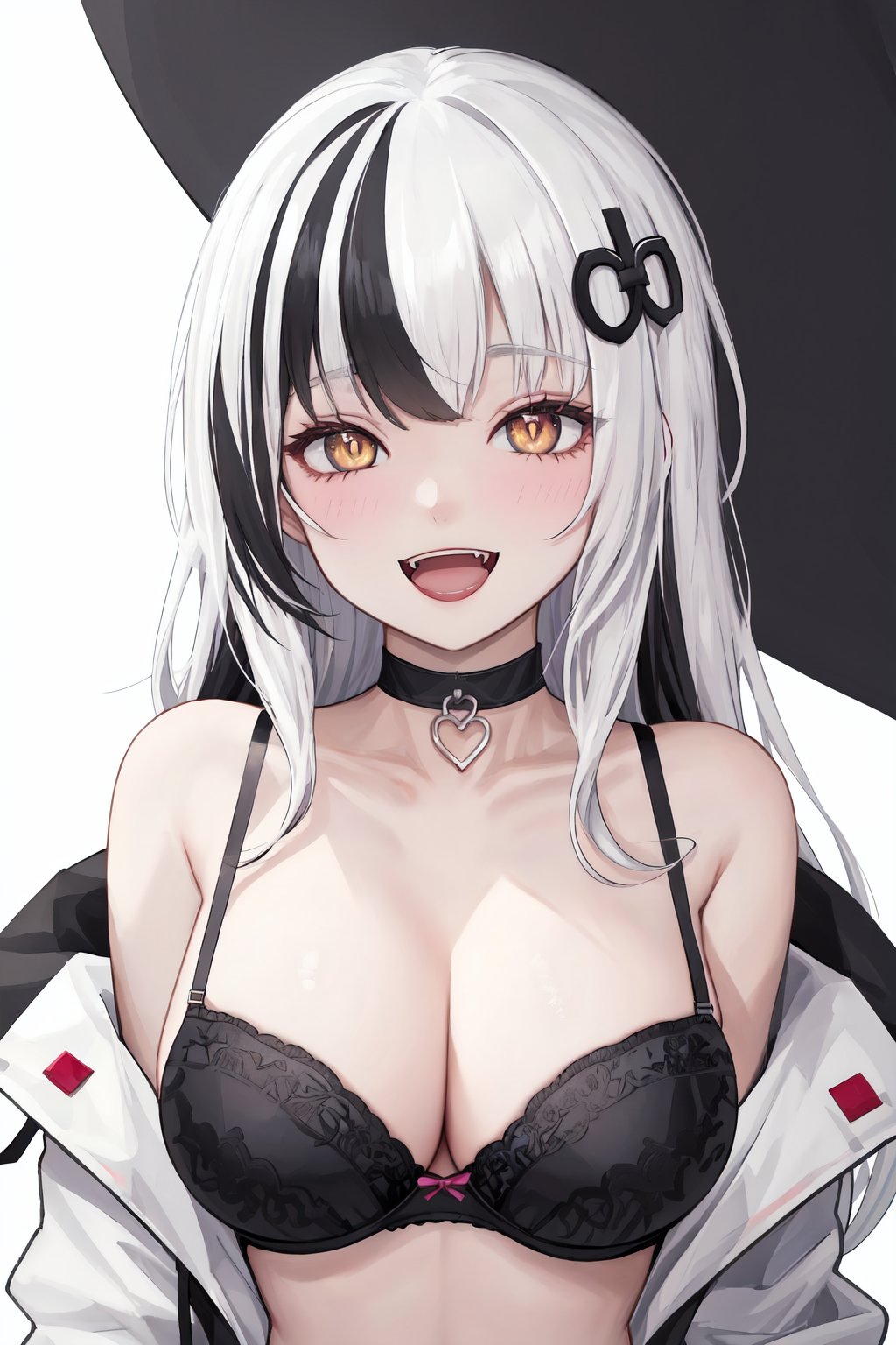 1girl, breasts, solo, black hair, multicolored hair, heart, looking at viewer, cleavage, underwear, open mouth, hair ornament, bra, jacket, smile, two-tone hair, blush, long hair, yellow eyes, black bra, off shoulder, upper body, large breasts, bare shoulders, simple background, white background, black jacket, bangs, streaked hair, white hair, choker, virtual youtuber, open jacket, :d, symbol-shaped pupils, fangs